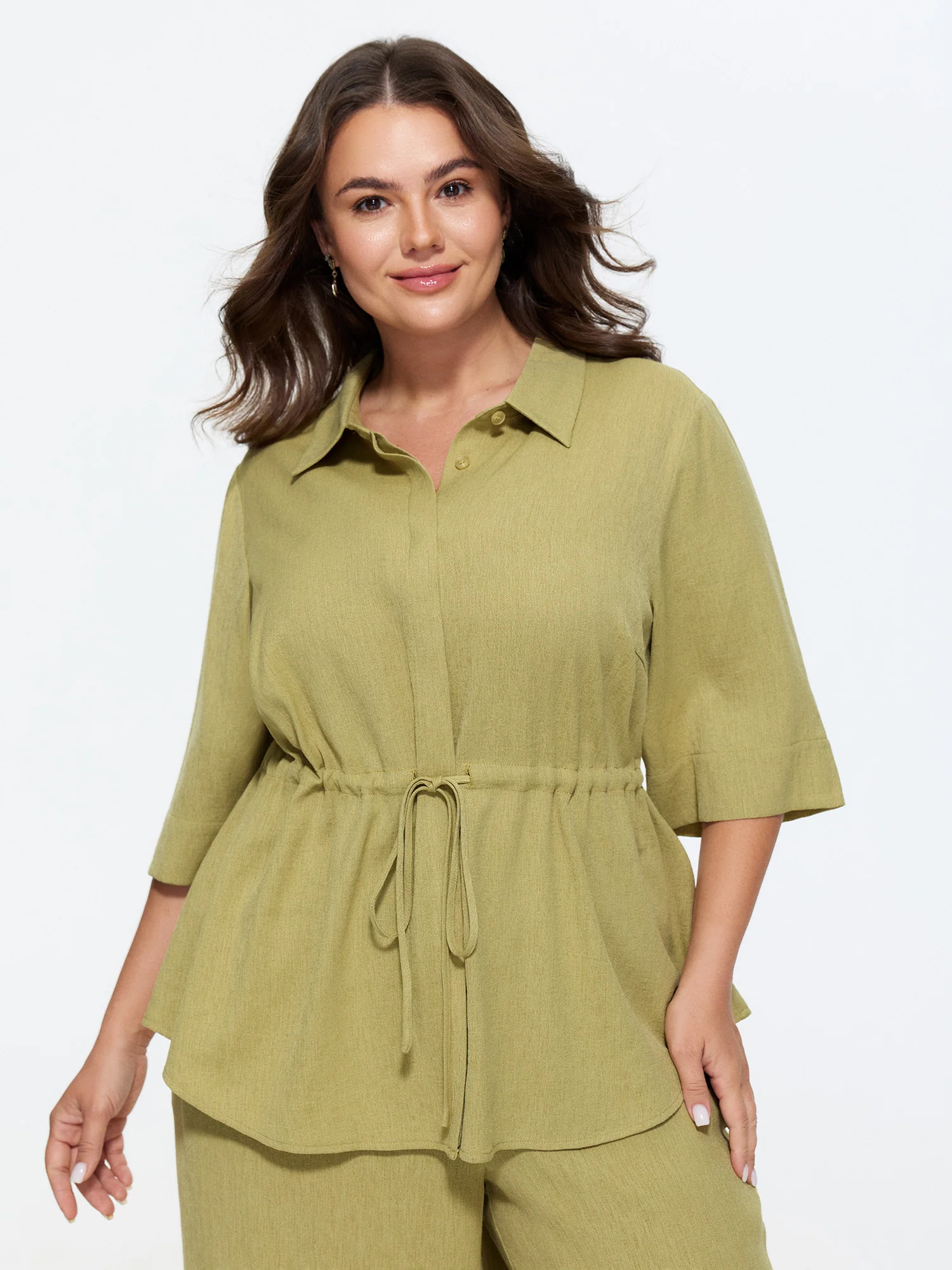 Lapel Collar Drawstring Waist Blouse