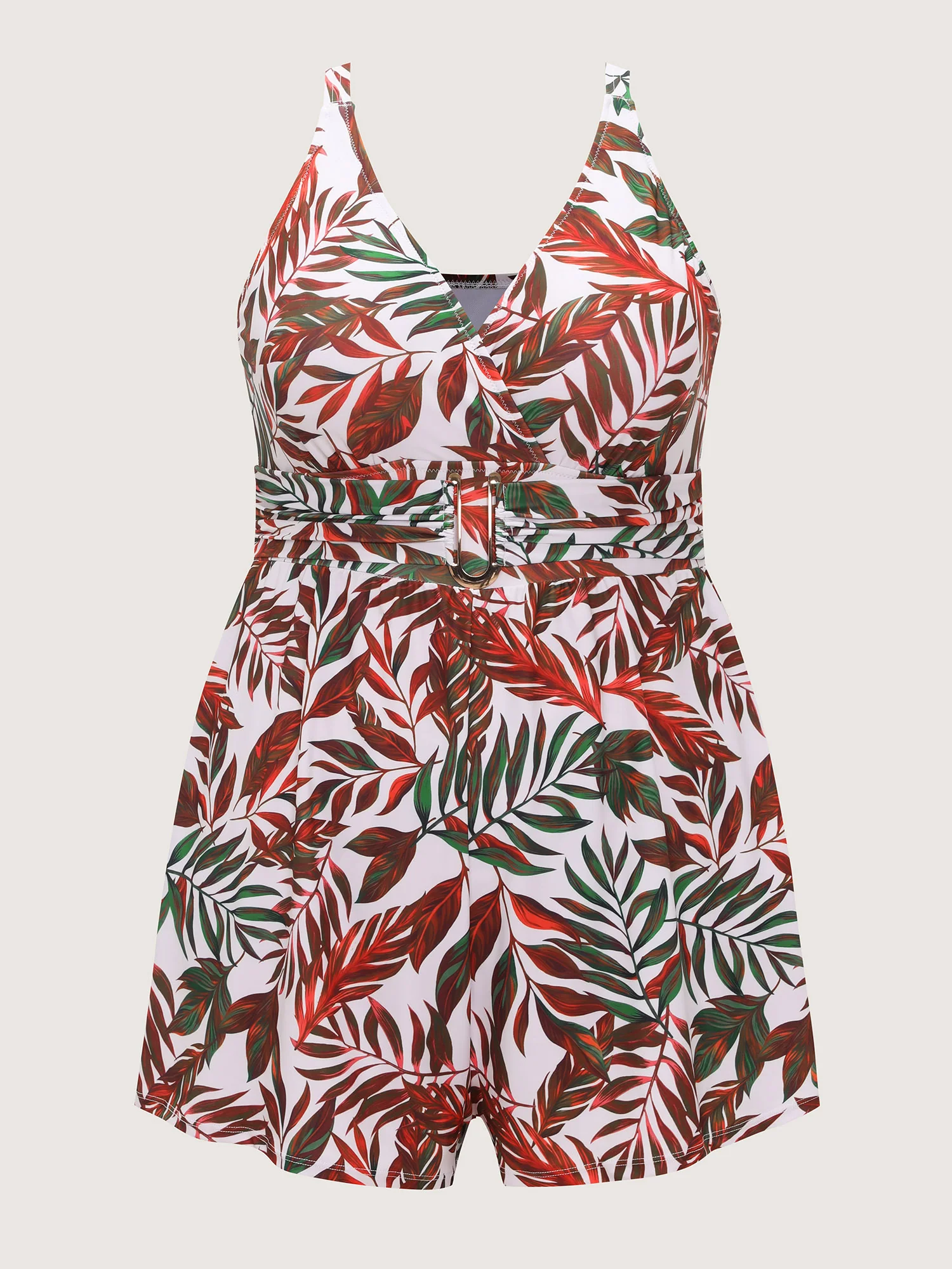 Tropical Palm Leaf Print Metal Buckle Detail One-Piece Swimsuit