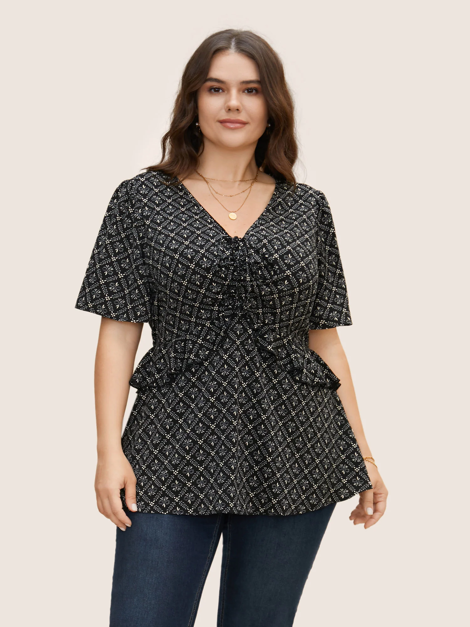 Moroccan Print Tie Knot Ruffle Trim Blouse