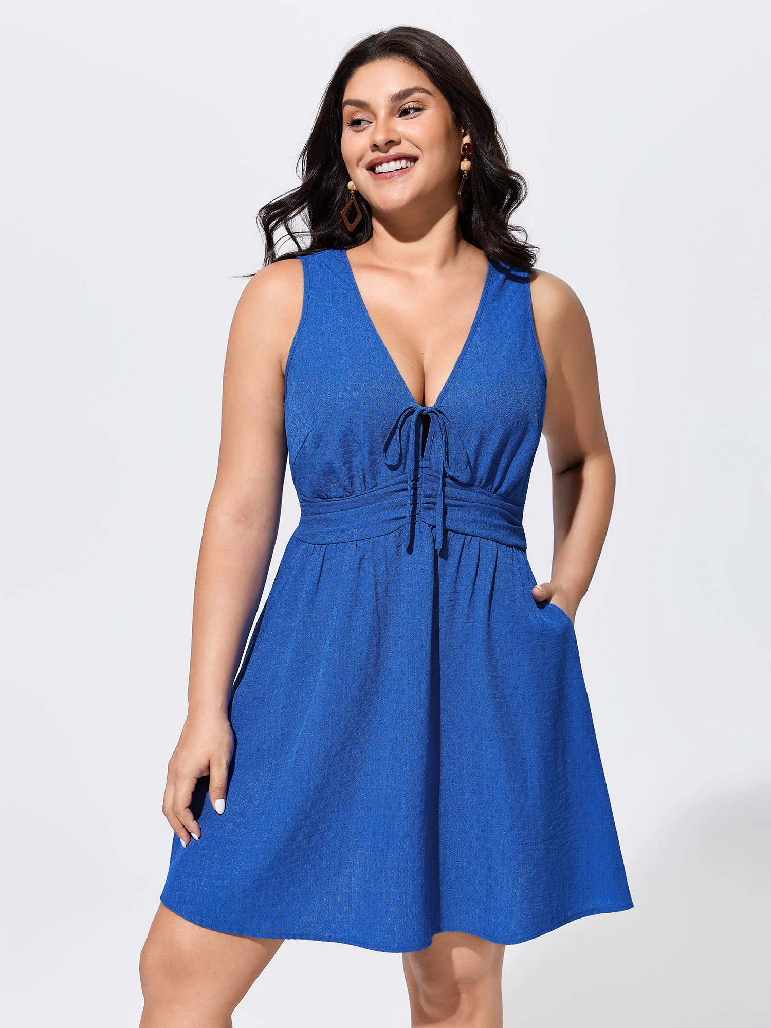 Breathable Shirred Waist Pockets Mini Dress