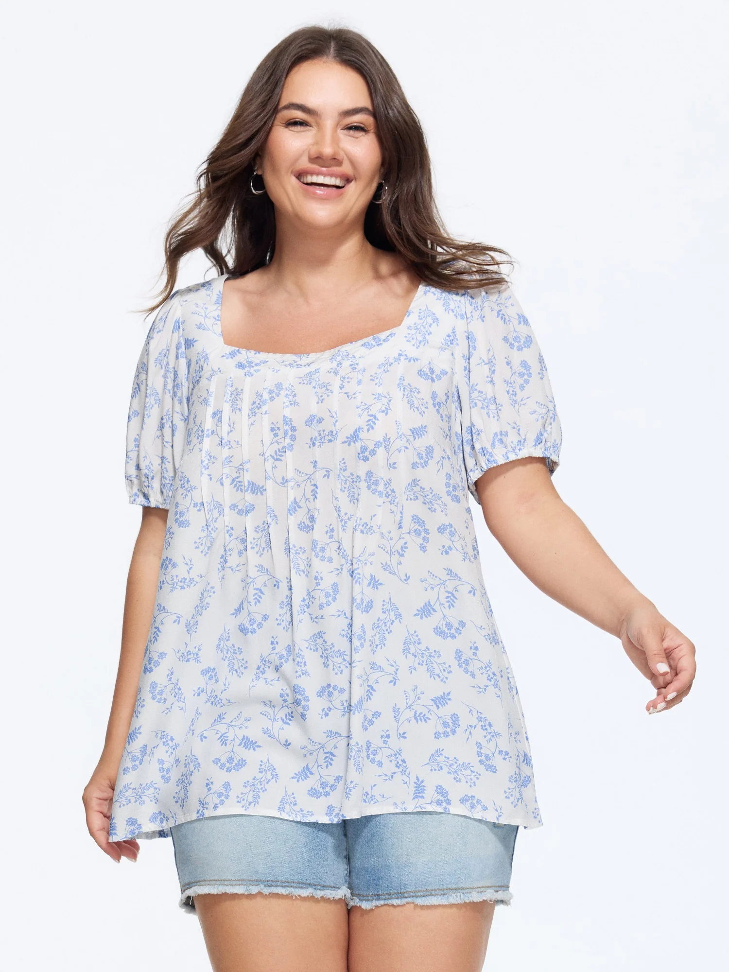 Supersoft Floral Print Square Neck Pleat Blouse