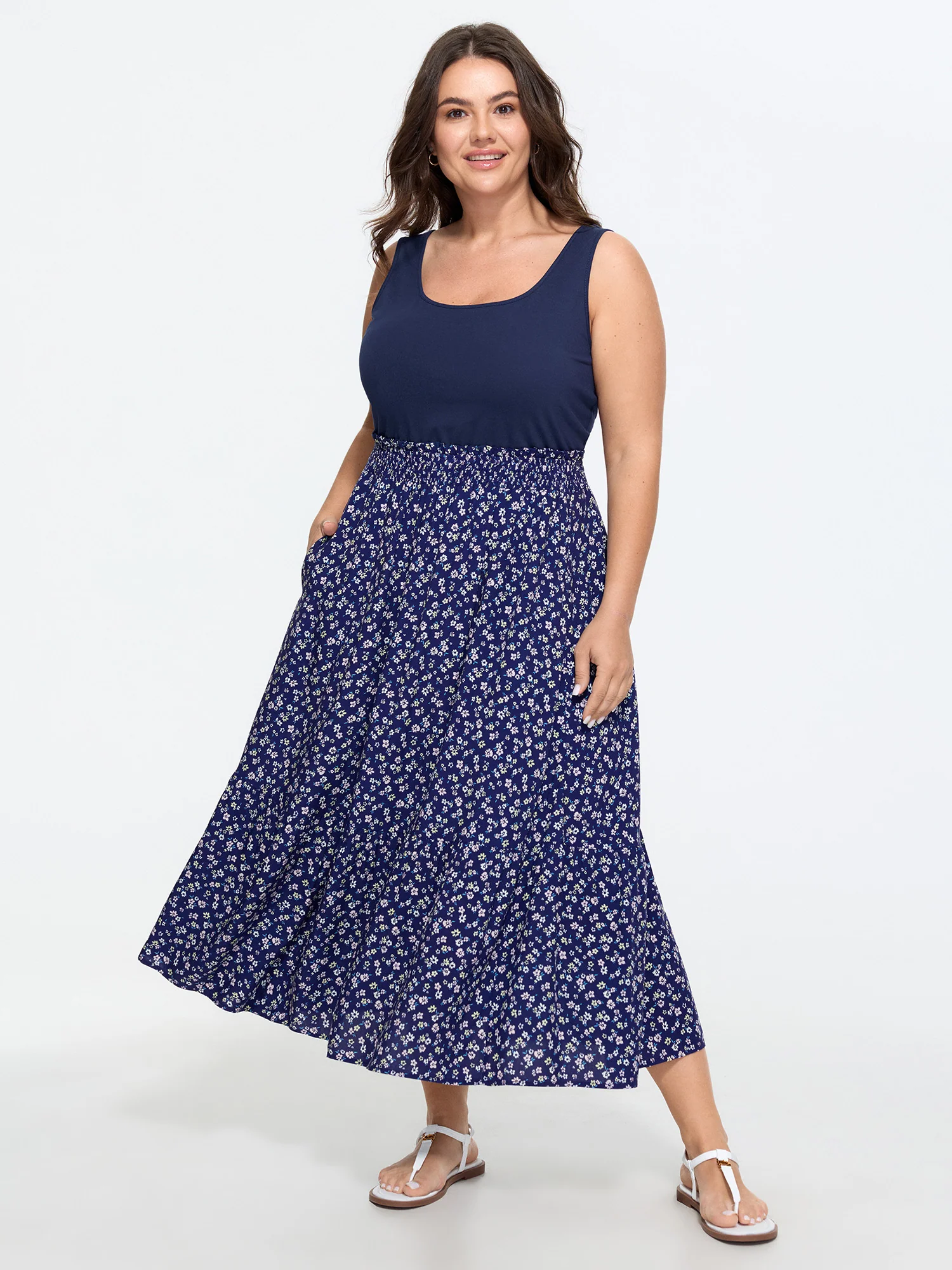 Supportive Bra Ditsy Floral Print Shirred Waist Midi Dress