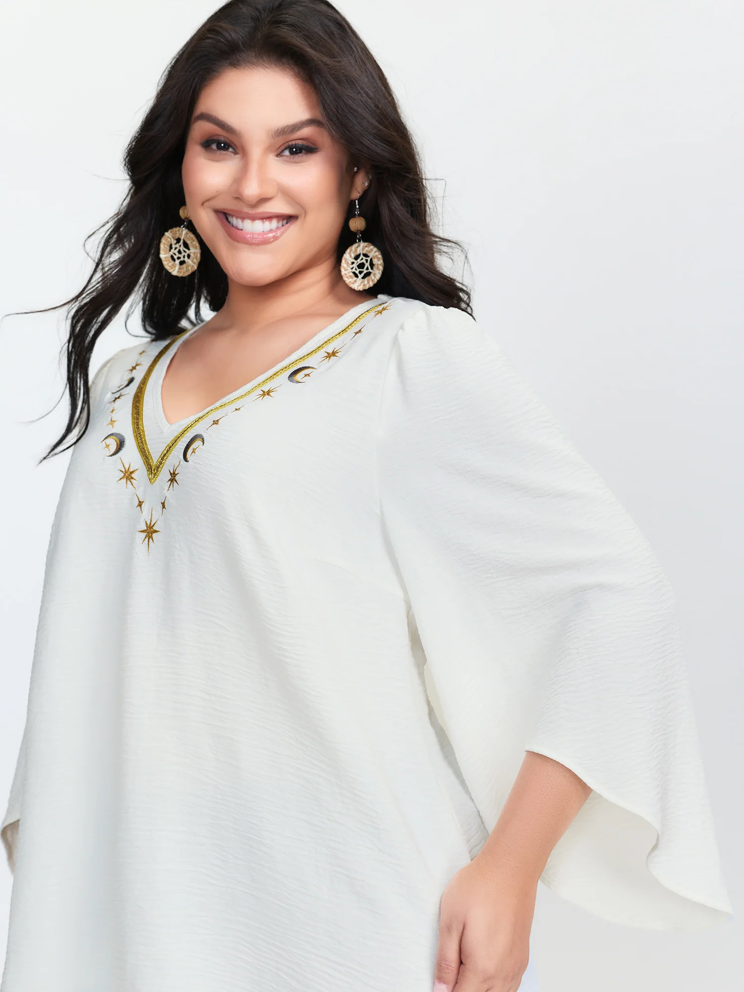 Star Moon Embroidered Neckline Flared Blouse