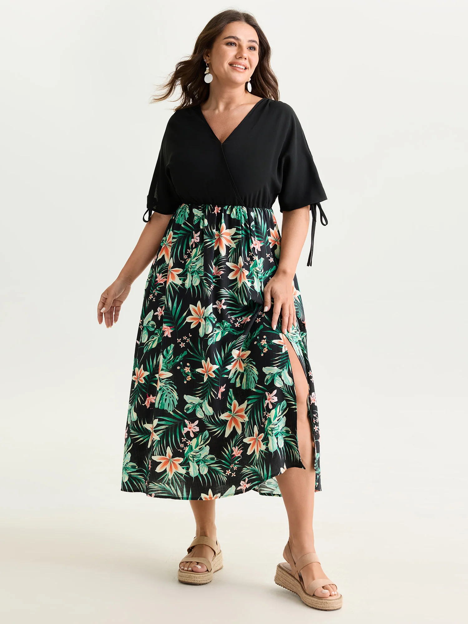 Tropical Floral Print Sleeve Tie Midi Dress