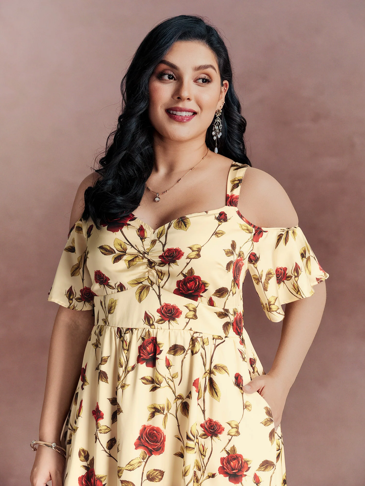 Floral Romance Cut-Out Shoulder Shirred Midi Dress