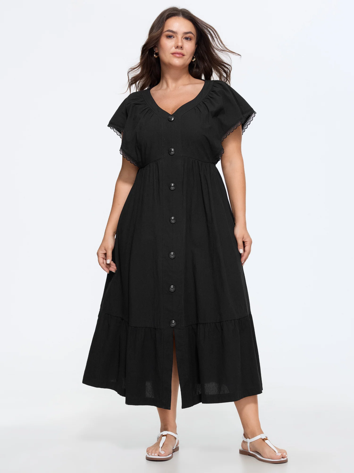 Cotton Button-Front Split Hem Midi Dress