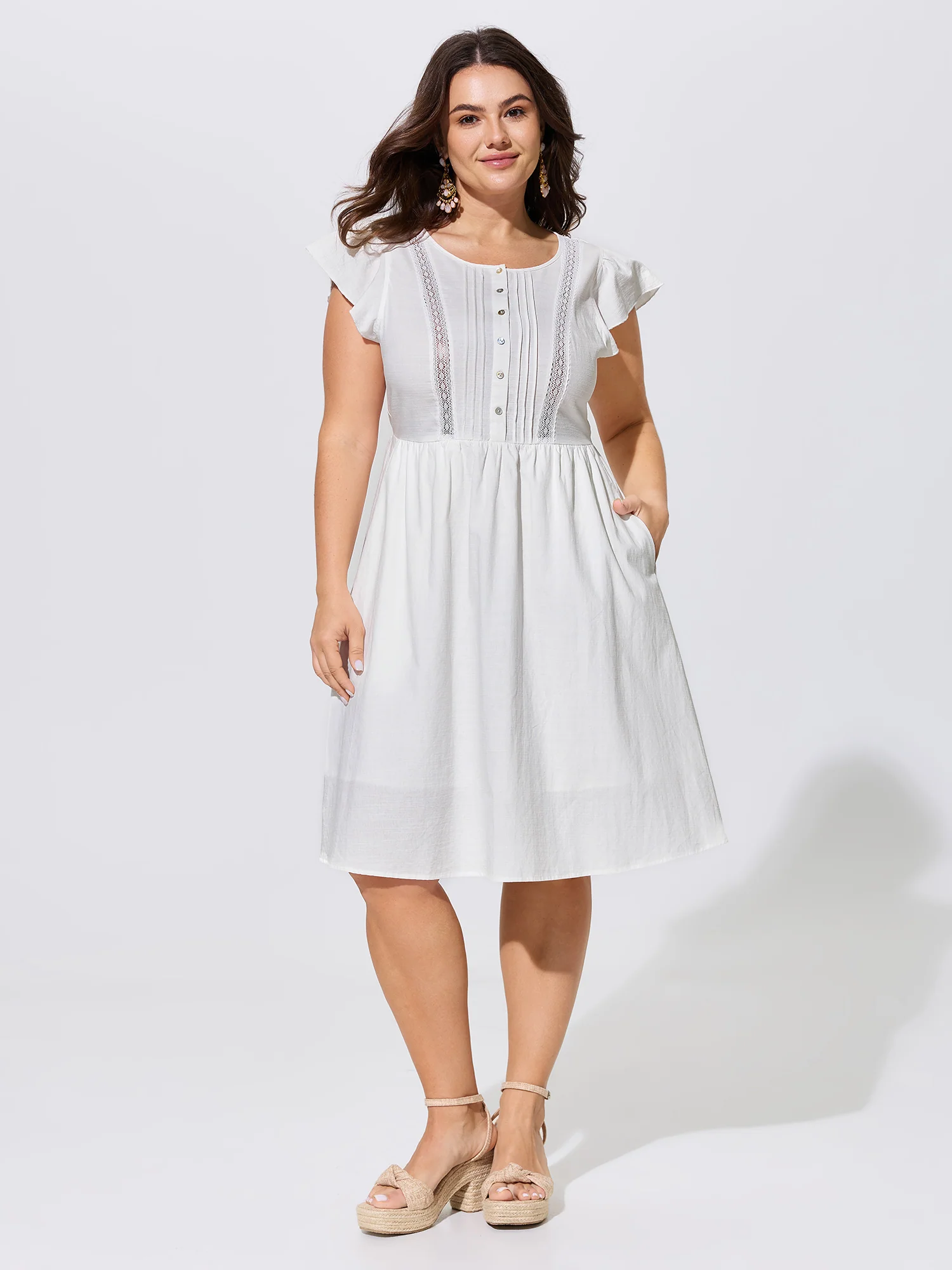 Cotton Lace Trim Pleated Plain Mini Dress