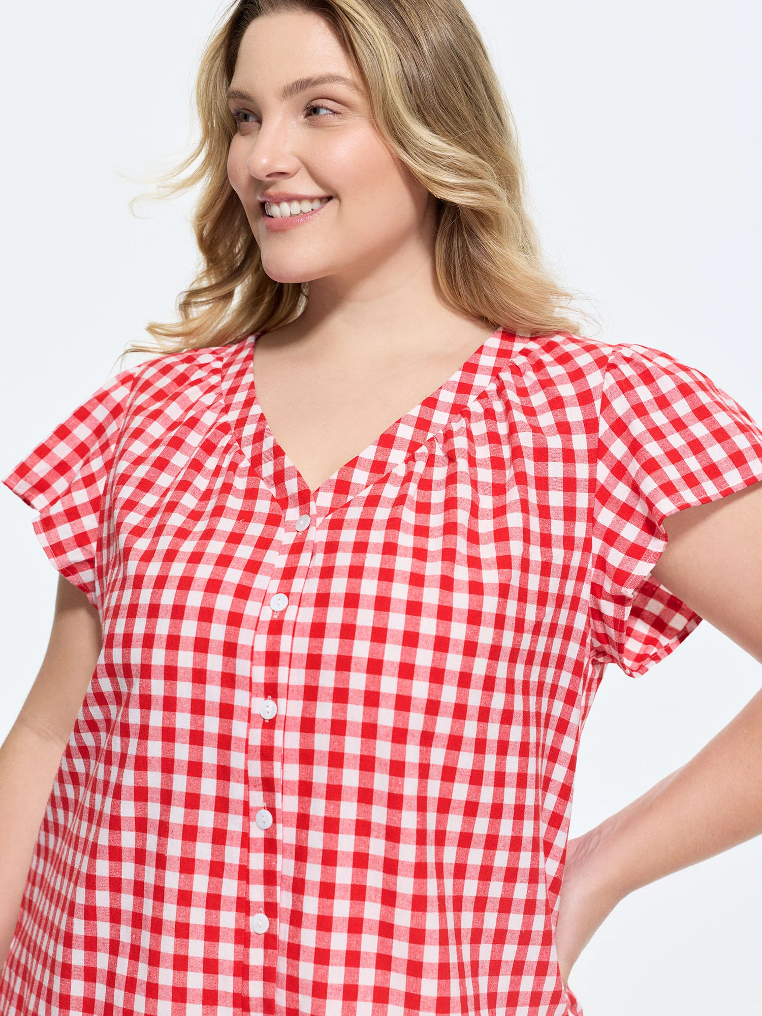 Cotton Gingham Print Ruffled Sleeve Blouse