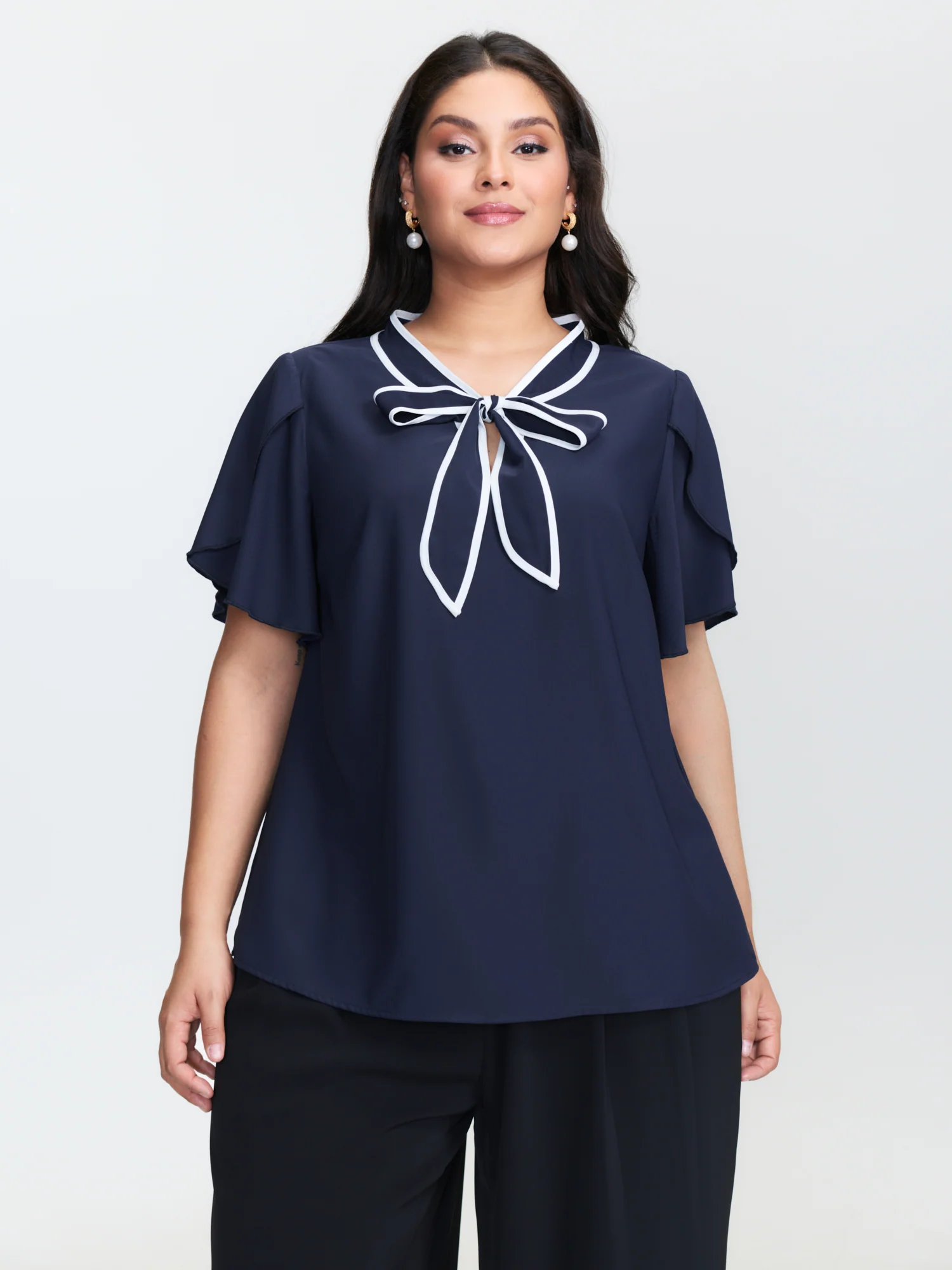 Petal Sleeve Ribbon Neckline Blouse