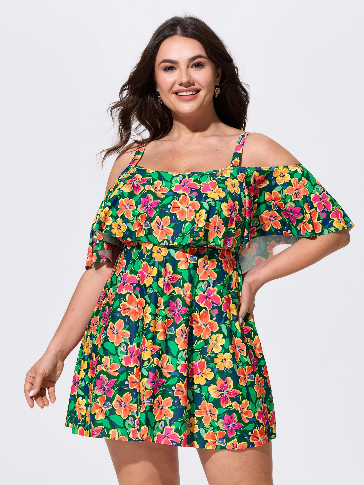 Floral Ruffle Trim Off Shoulder Pockets Swim Dress