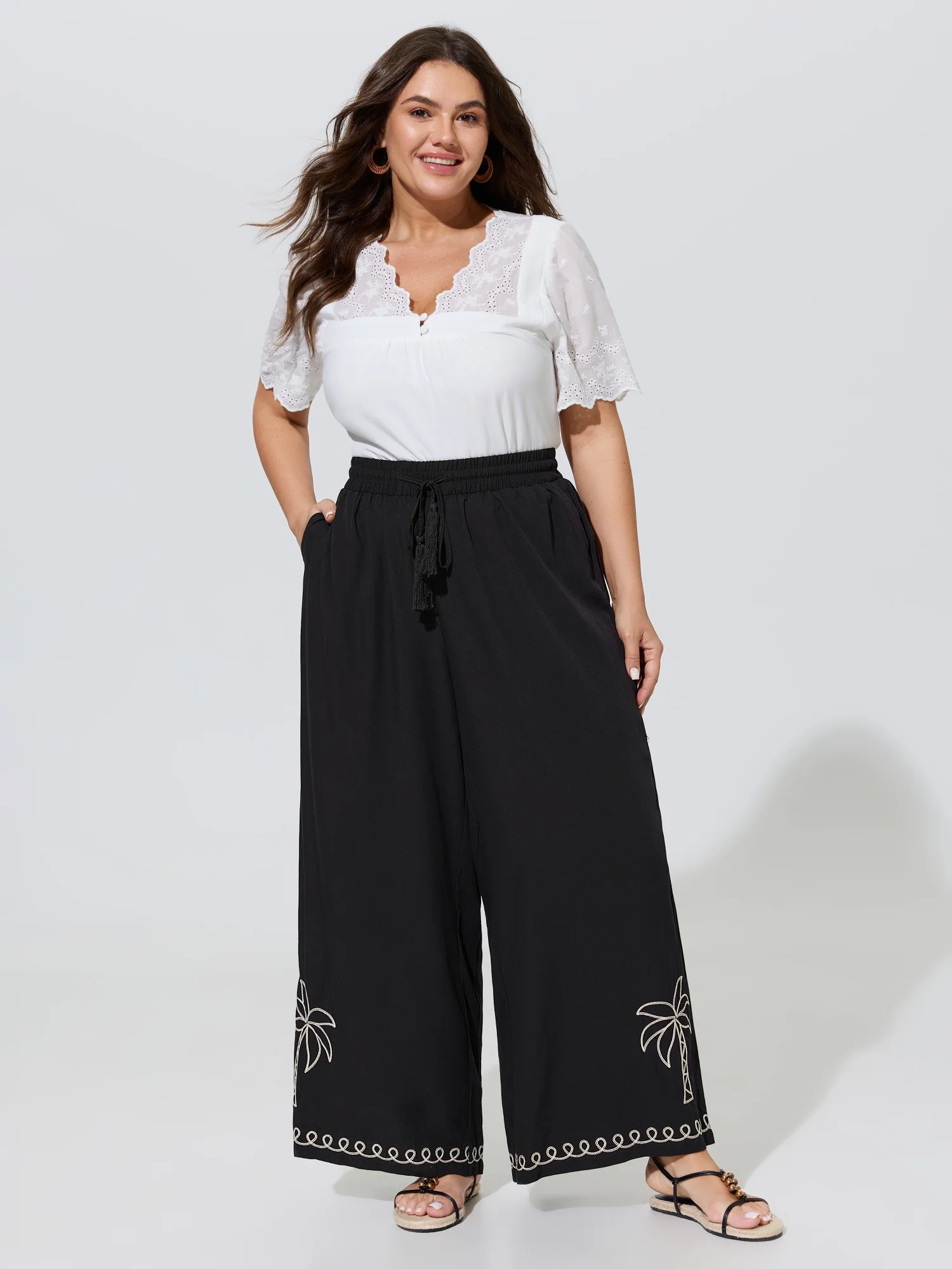 Palm Embroidery Tassel Drawstring Wide Leg Pants