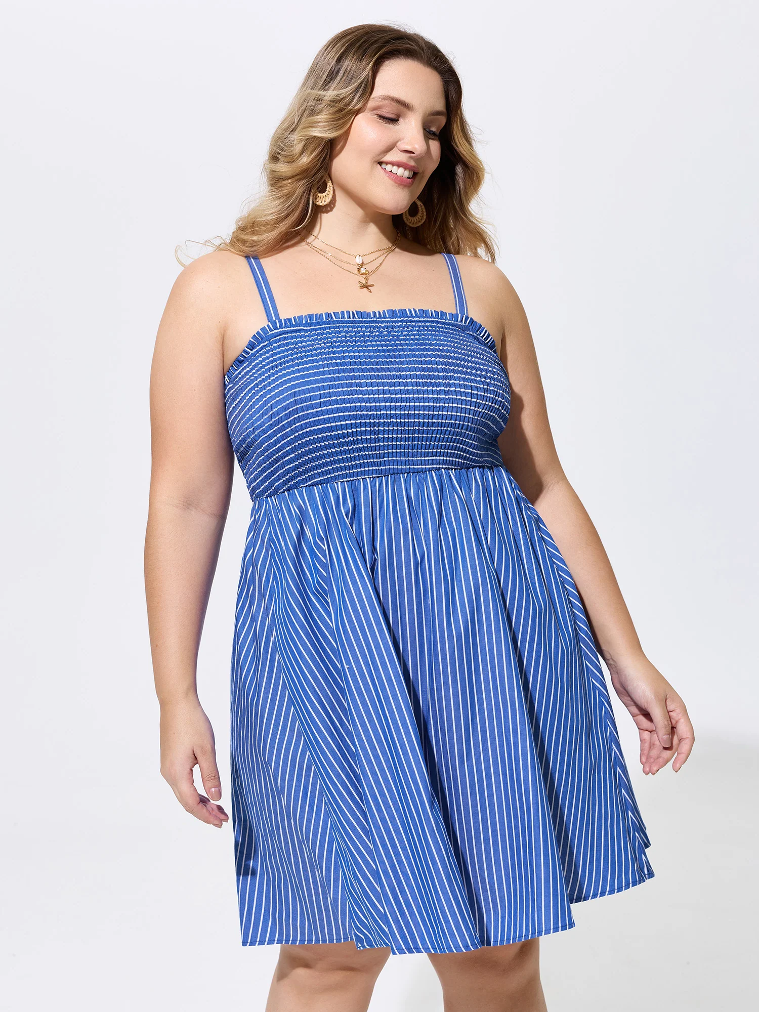 Cotton Striped Square Neckline Shirred Back Mini Dress
