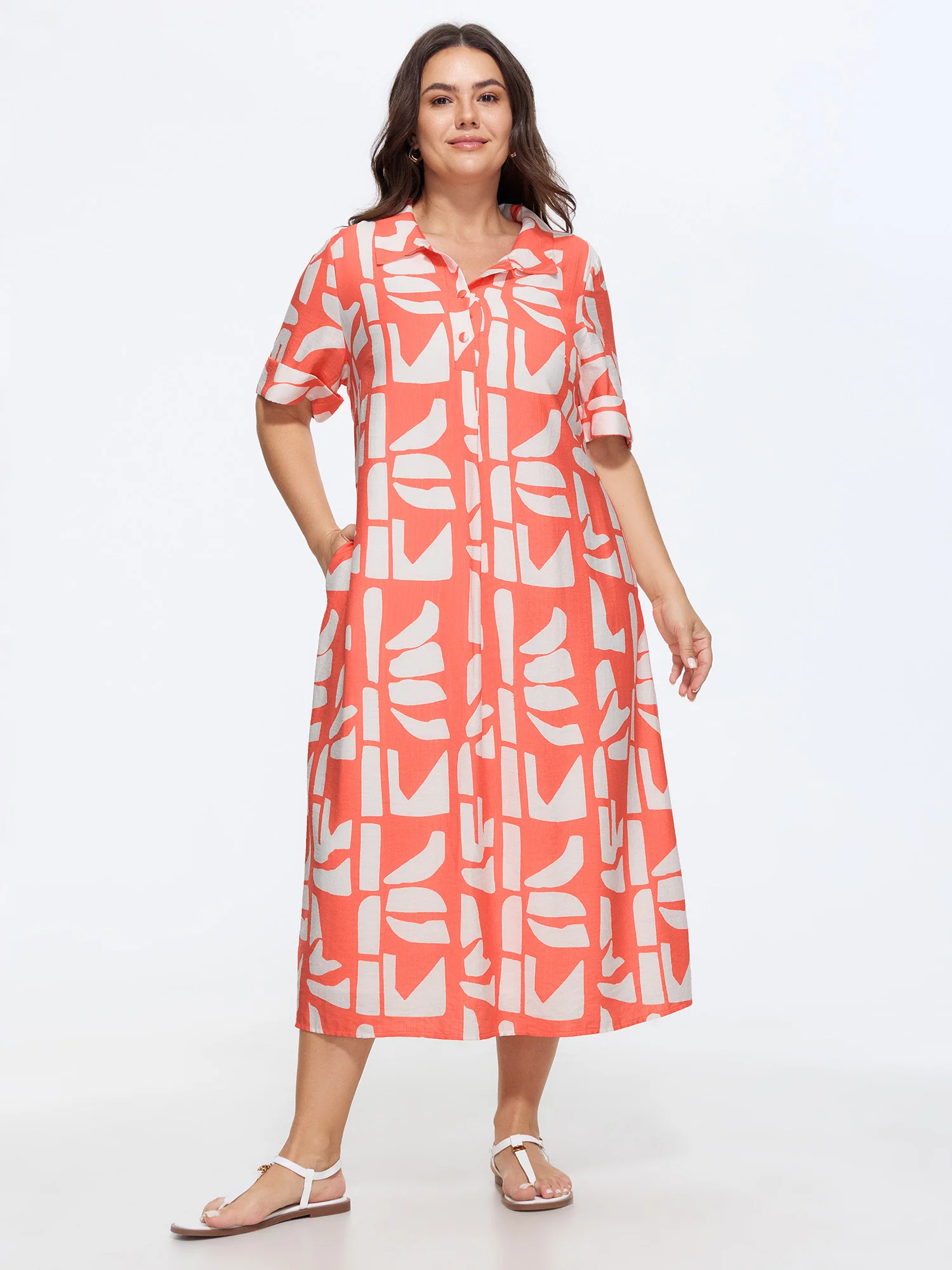 Supersoft Abstract Print Pockets Midi Shirt Dress