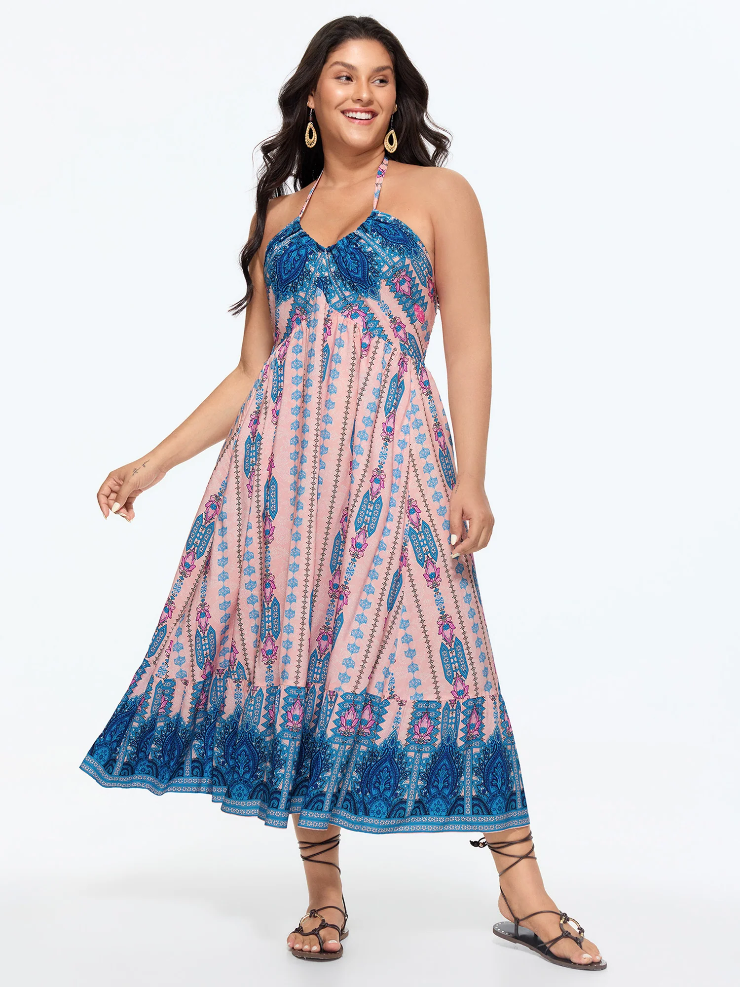 Geometric Print Halter Neckline Shirred Midi Dress