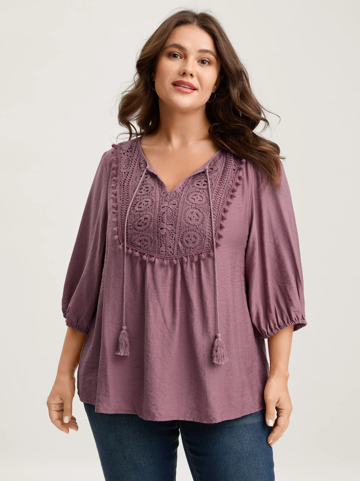 Lace Neck Tie Flowy Solid Blouse