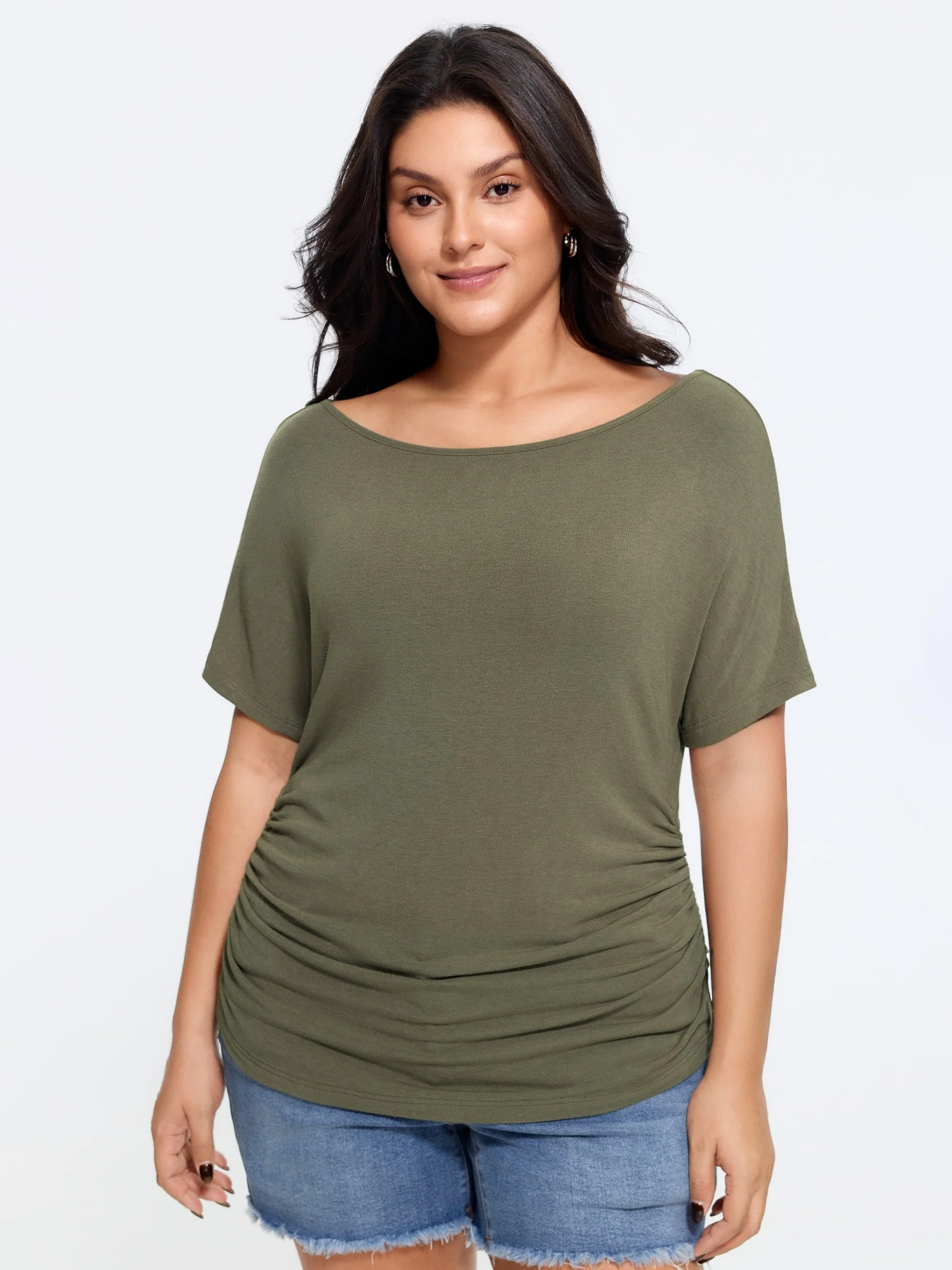 Supersoft Cashmere Like Boat Neck Ruched T-Shirt