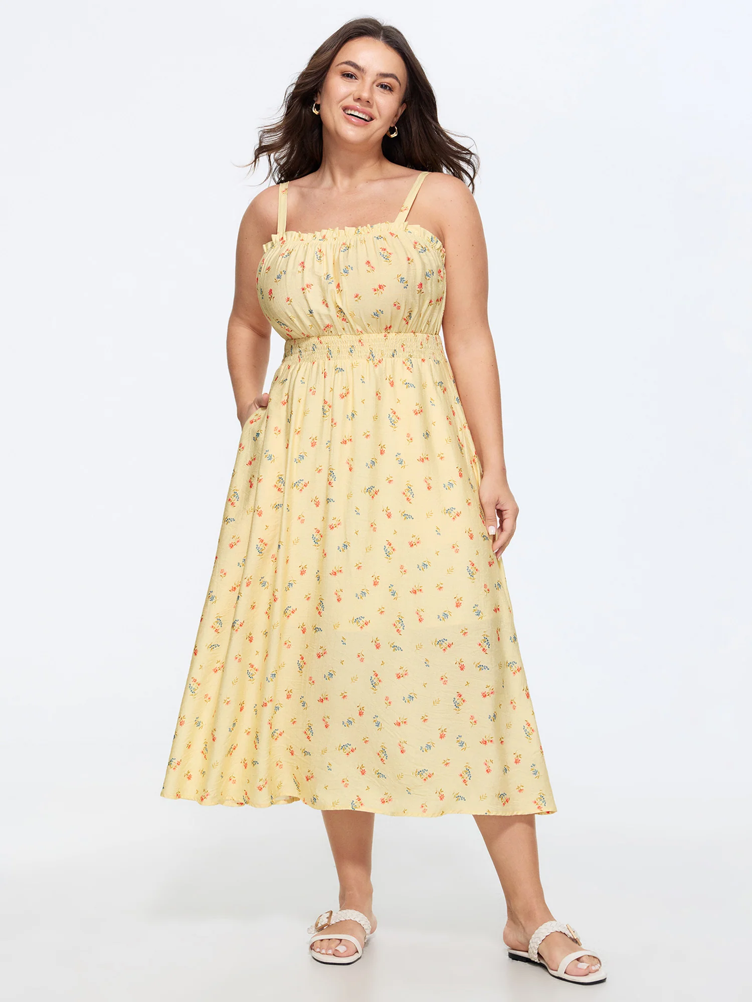 Micro Floral Print Shirred Midi Dress