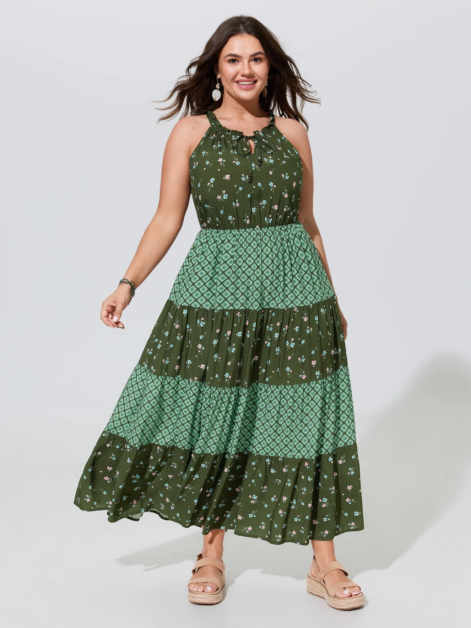 Supersoft Floral Print Patchwork Drawstring Tiered Maxi Dress