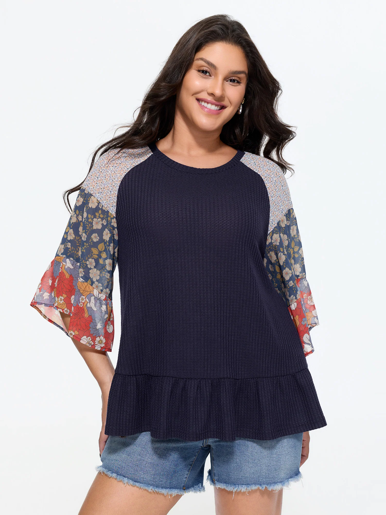 Floral Patchwork Print Waffle Knit T-Shirt