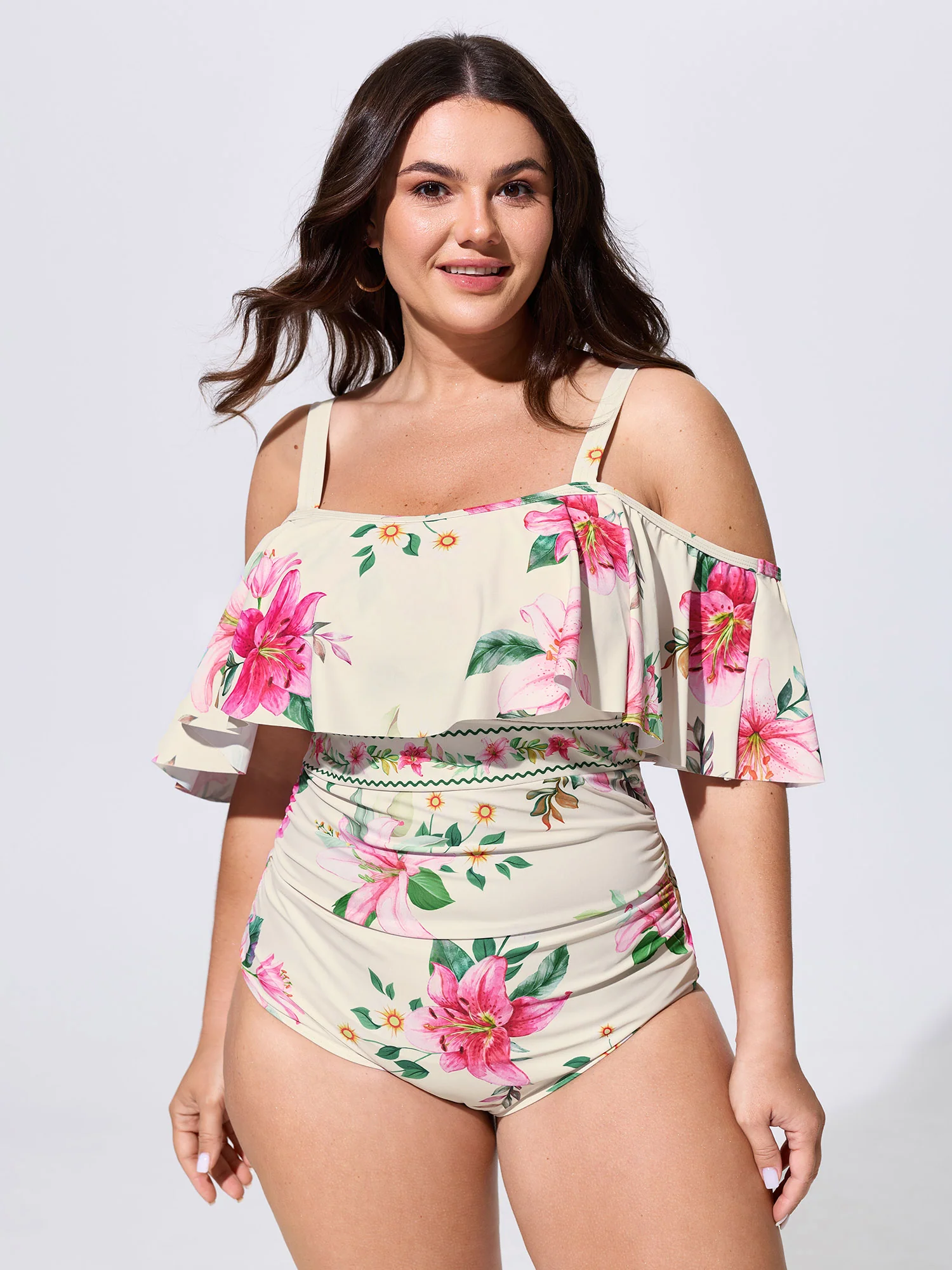 Sarong Set Floral Print Off-Shoulder One-Piece Swimsuit