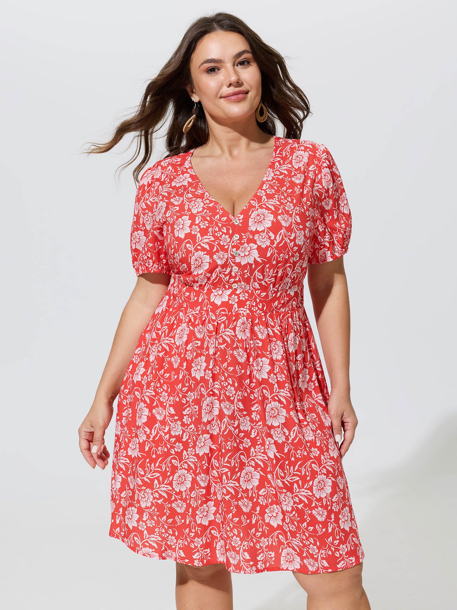 Floral Print Puffy Sleeve Flowy Mini Dress