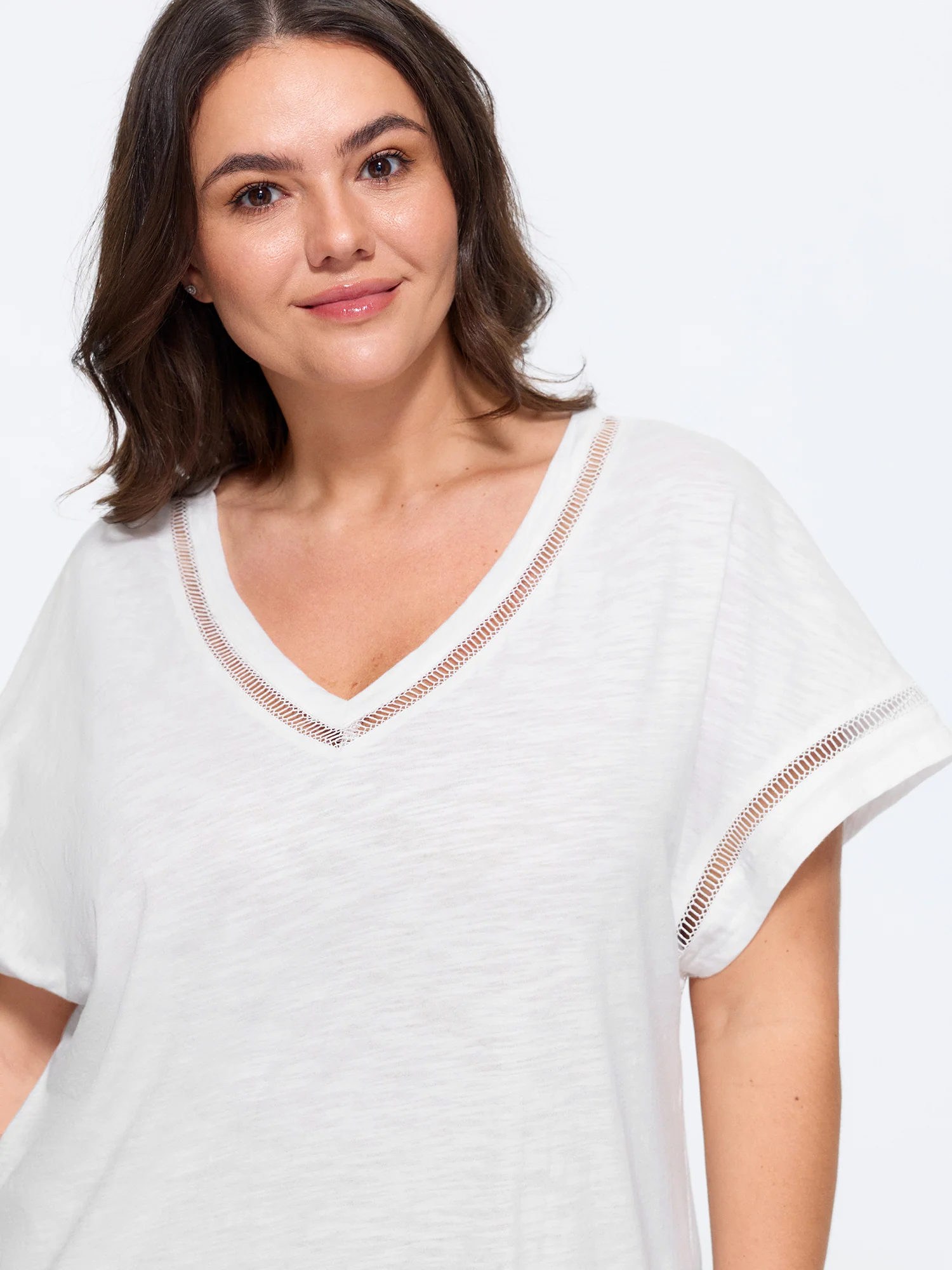 Cotton Plain Slub Eyelet Trim Dolman Sleeve T-Shirt
