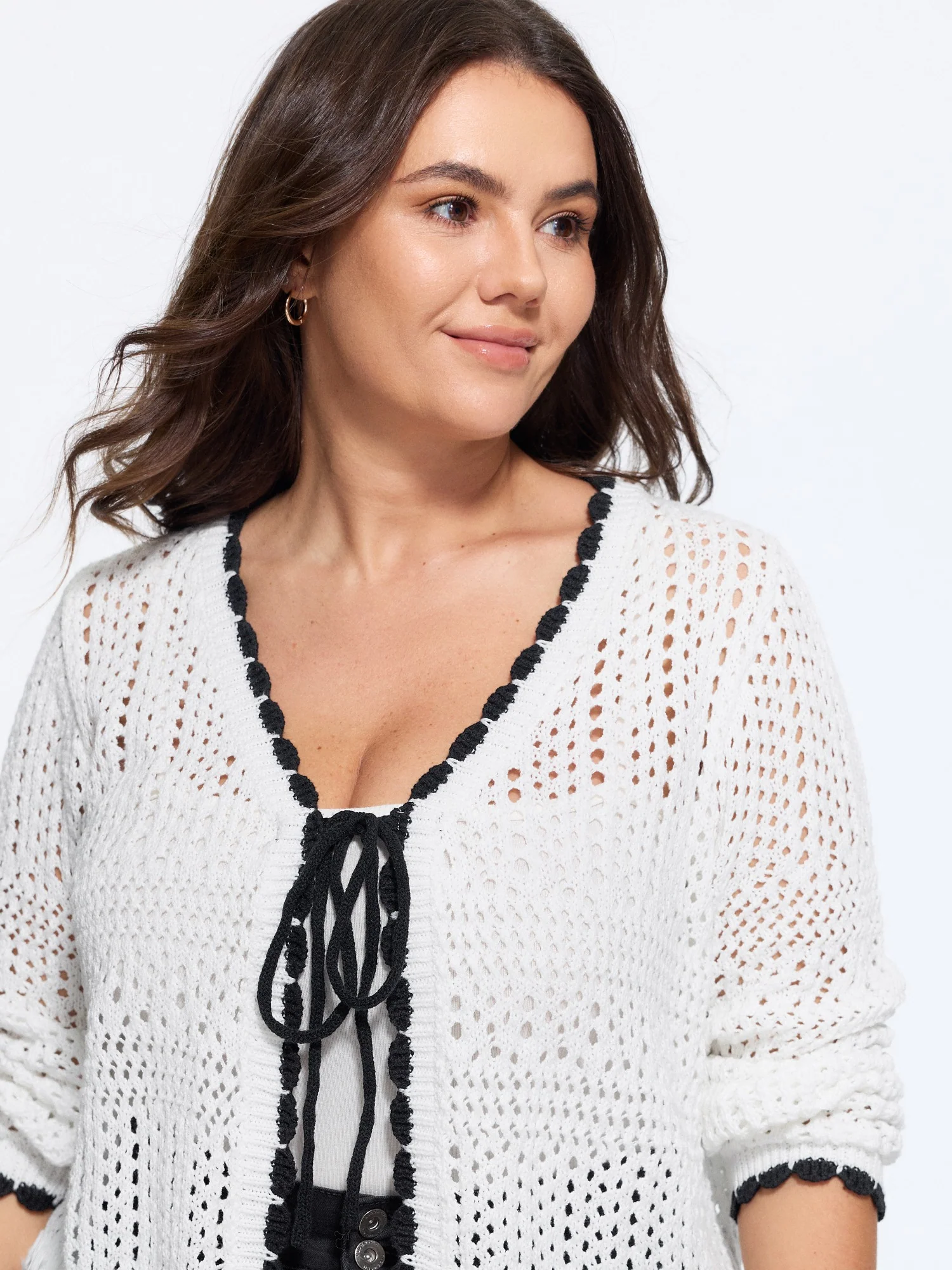 Floral Contrast Hollow Drawstring Cardigan