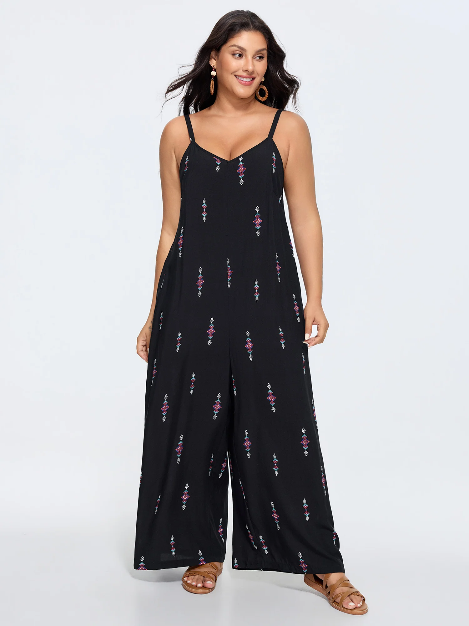 Geometric Print Adjustable Backless Drawstring Jumpsuit