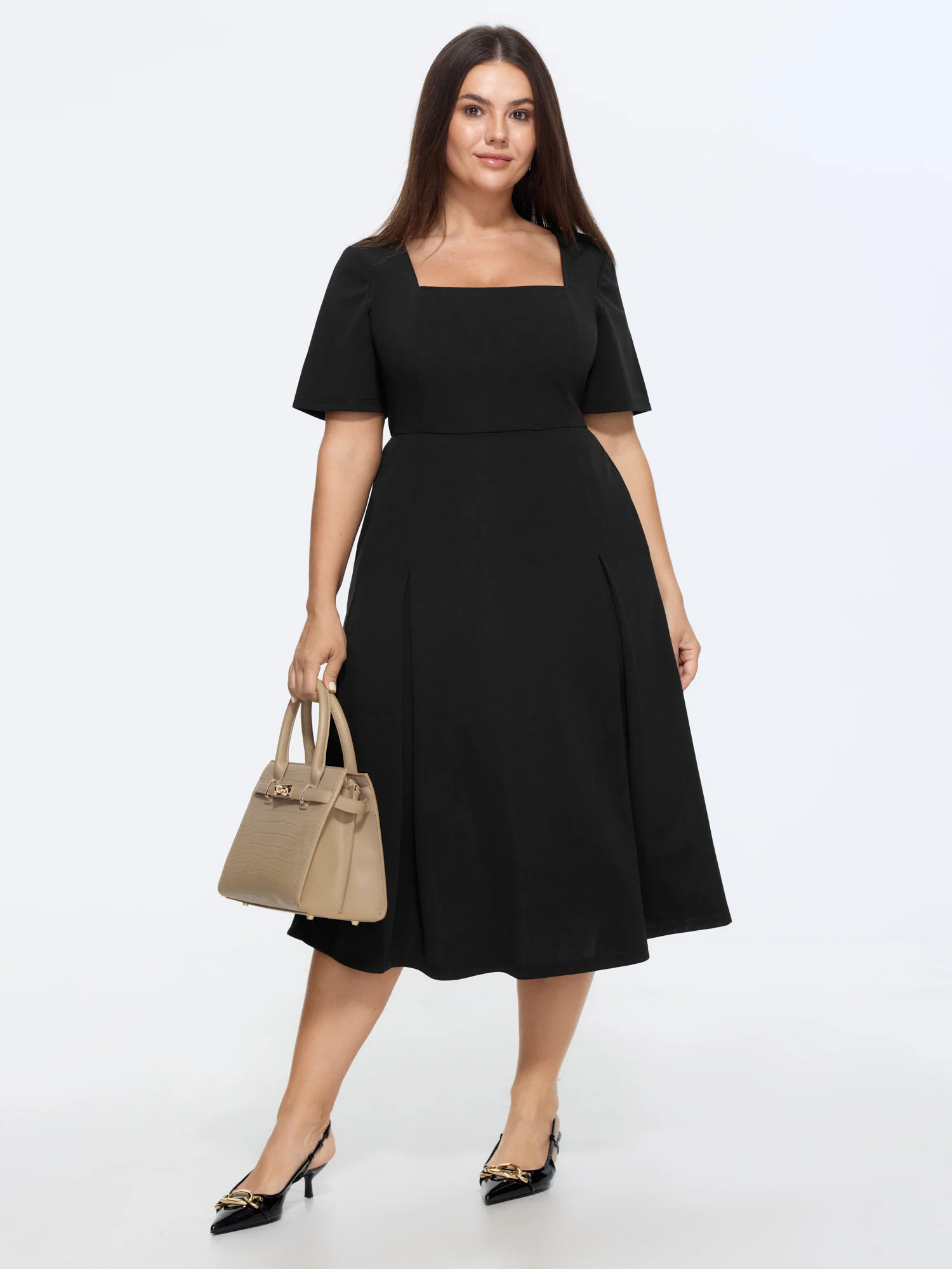 Classic Square Neckline Plain Midi Dress