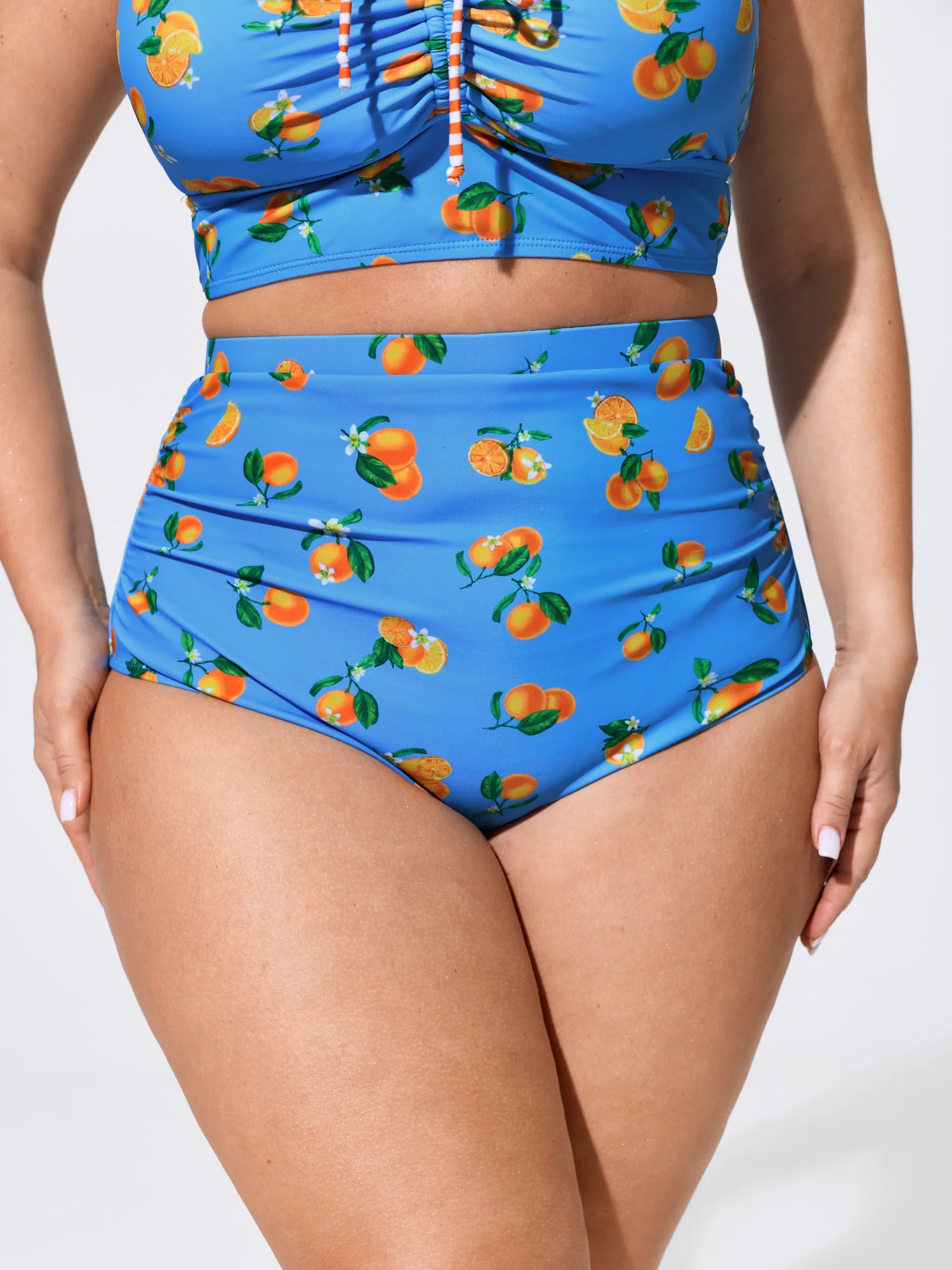 Citrus Print Ruched High Waisted Swim Bottoms