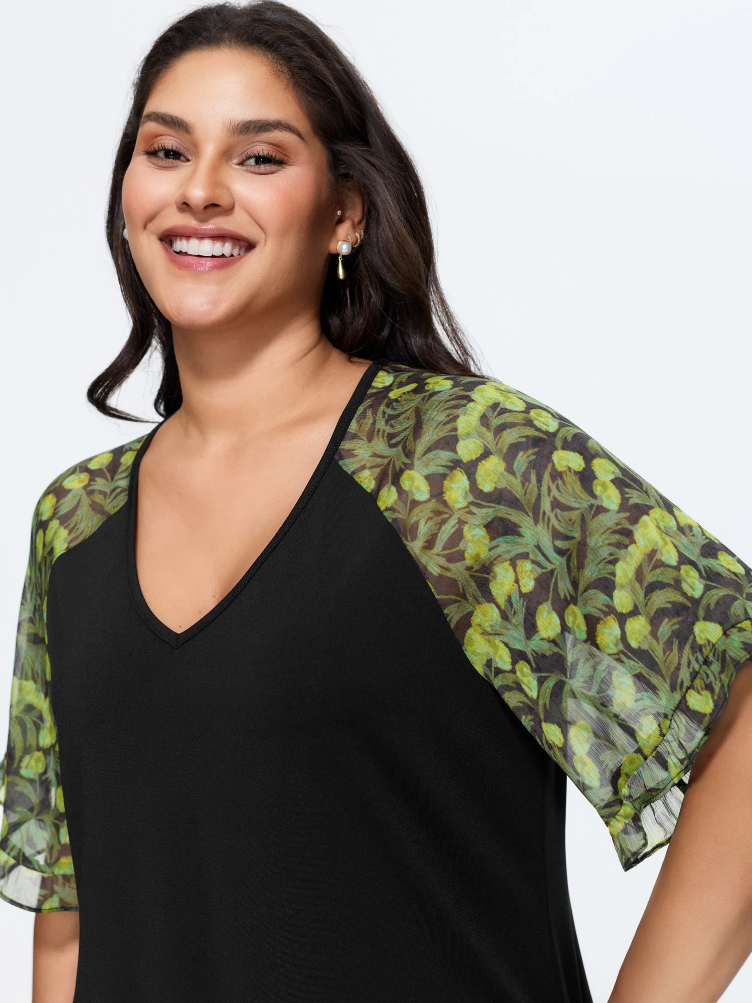 Sheer Floral Print Ruffled Cuff Sleeve Top