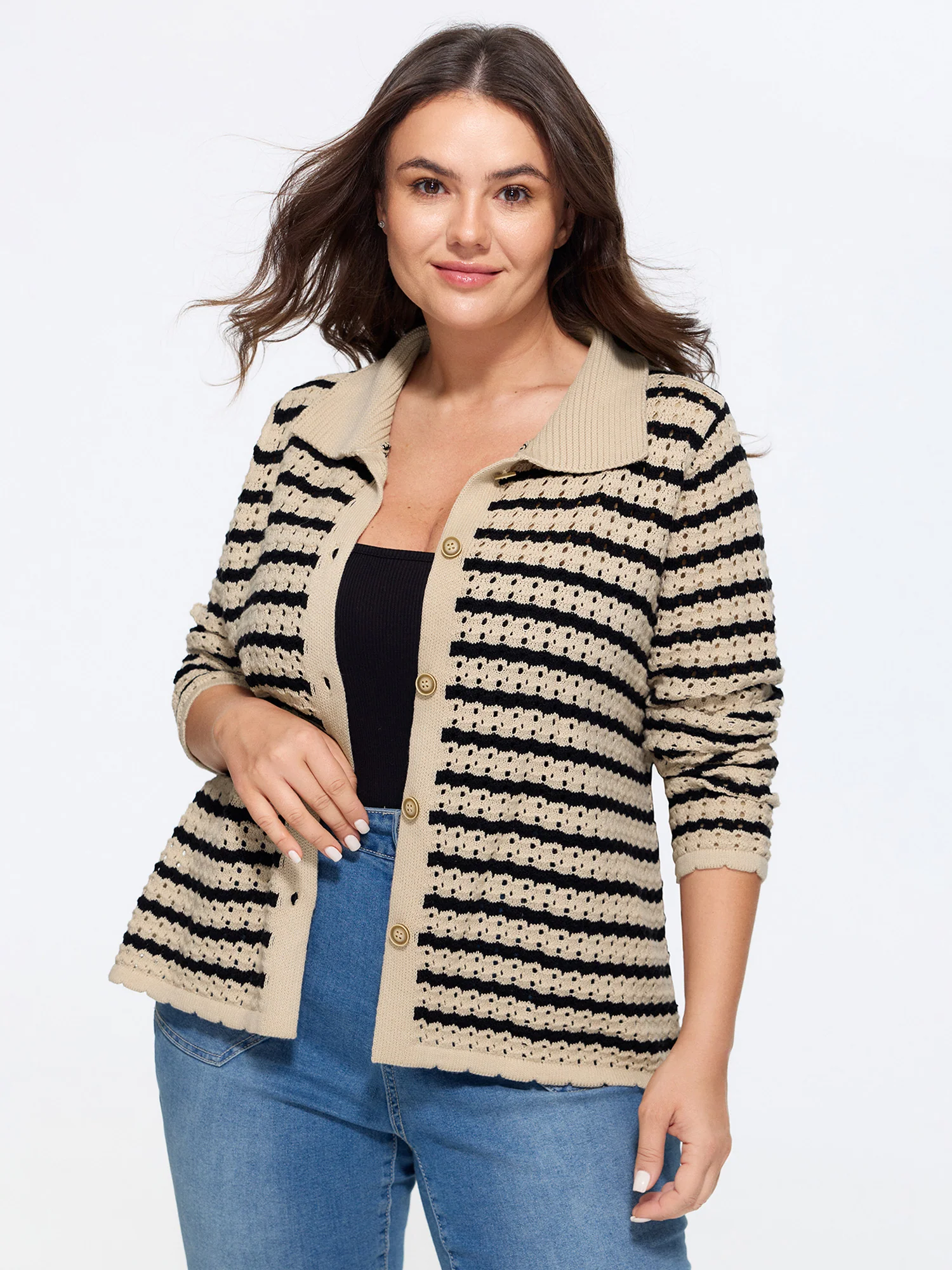 Striped Hollow Collared Button Front Cardigan