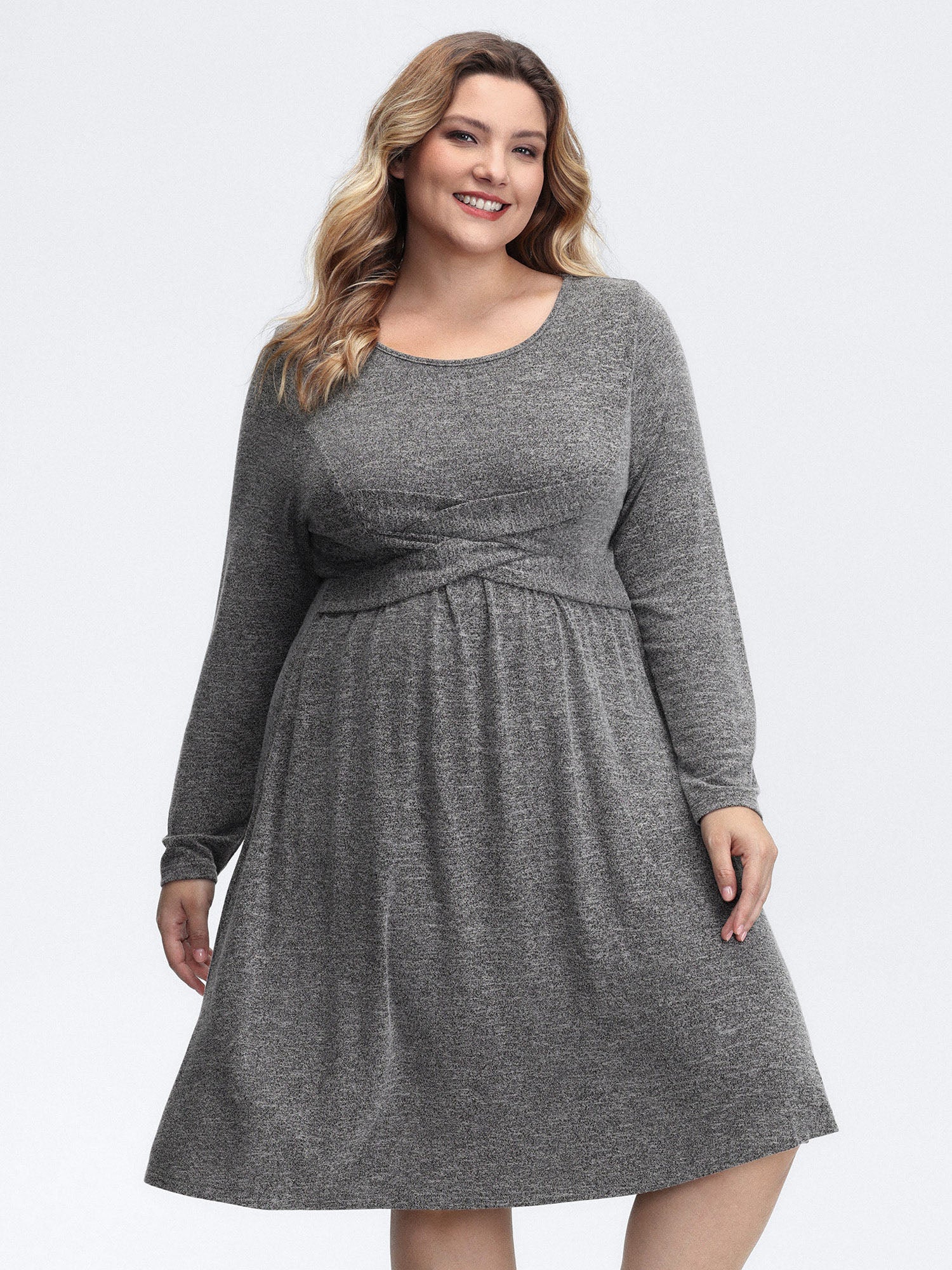 Crossover Waist-Defining Round Neck Midi Dress