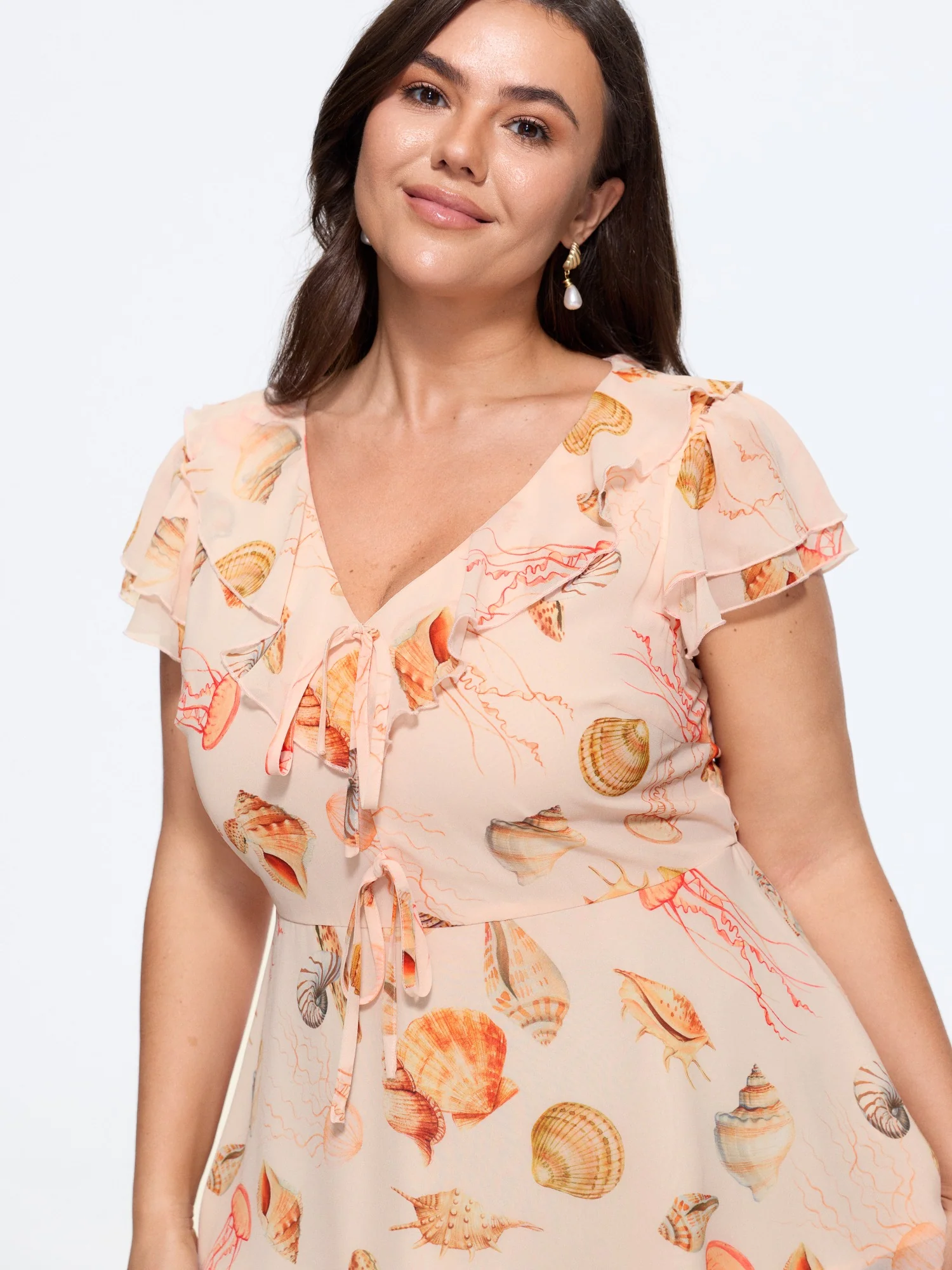 Seashell Print Front Tie Peplum Blouse