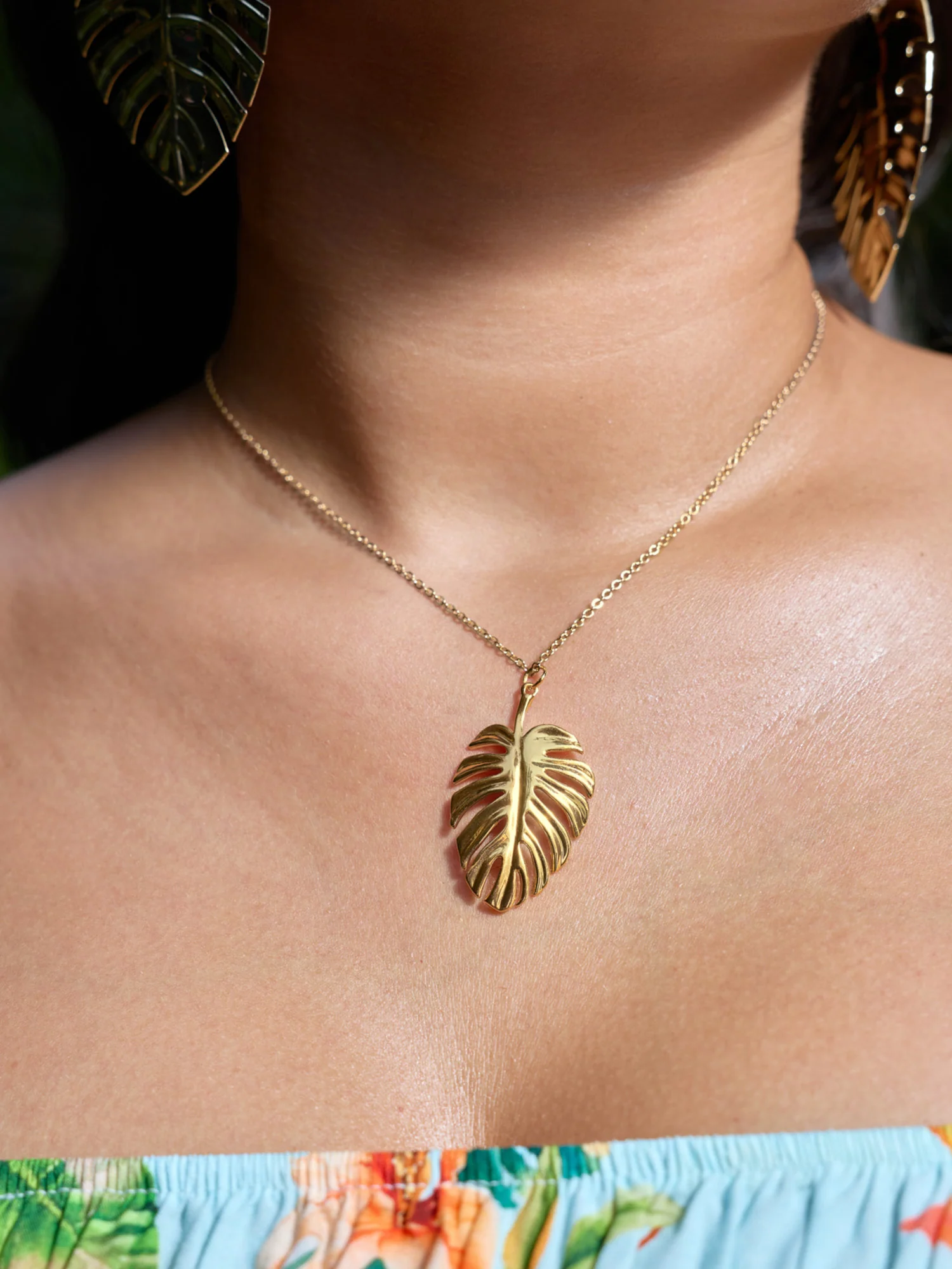 Tropical Leaf Gold-Tone Pendant