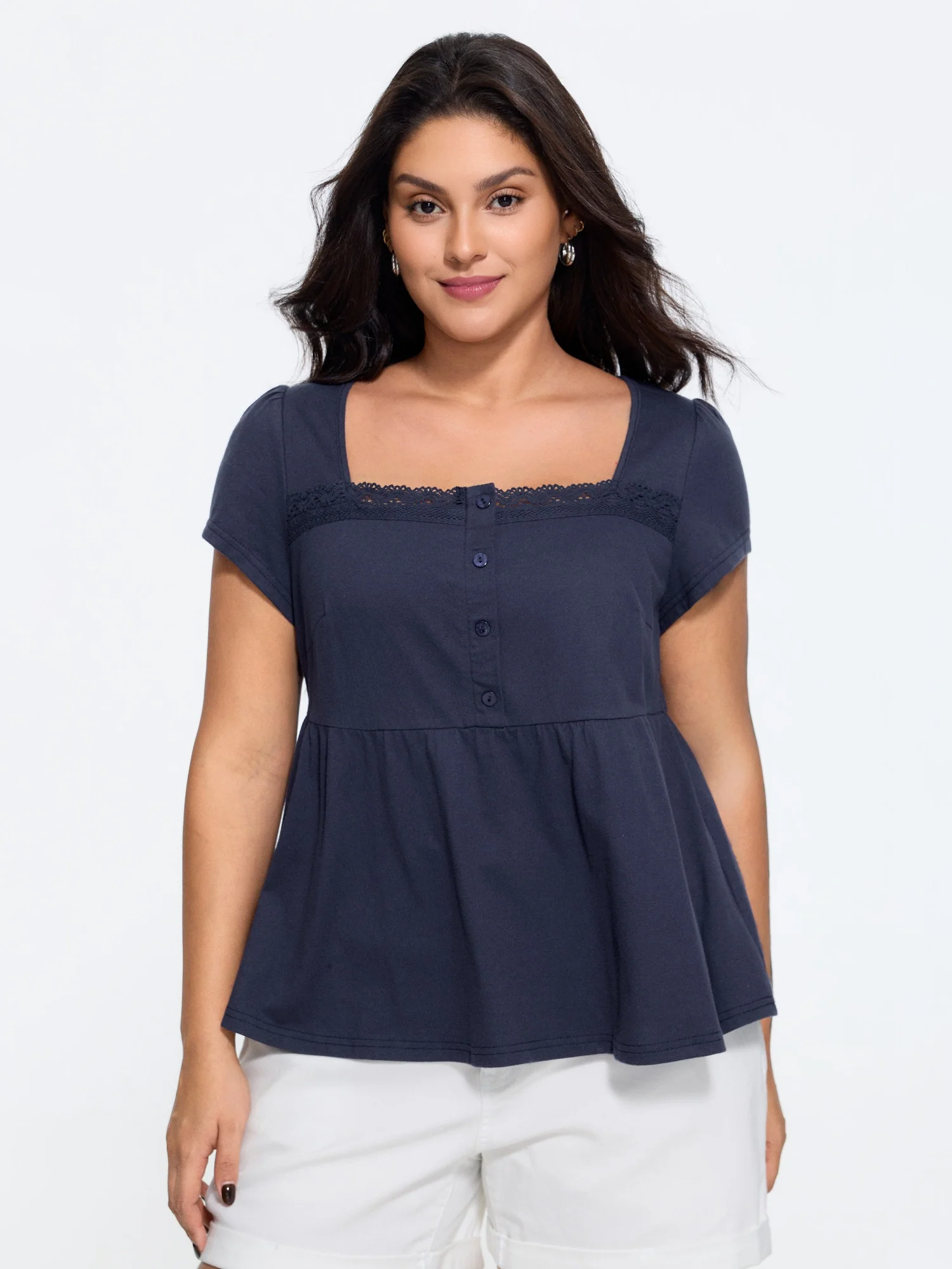 Cotton Square Neck Lace Trim Babydoll T-Shirt