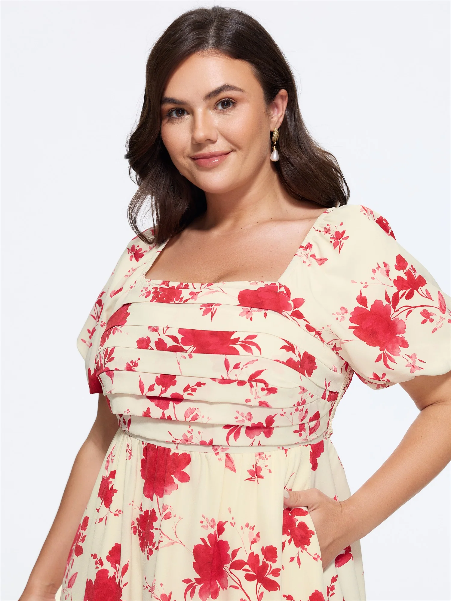 Floral Print Puff Sleeve Ruched Tiered Midi Dress