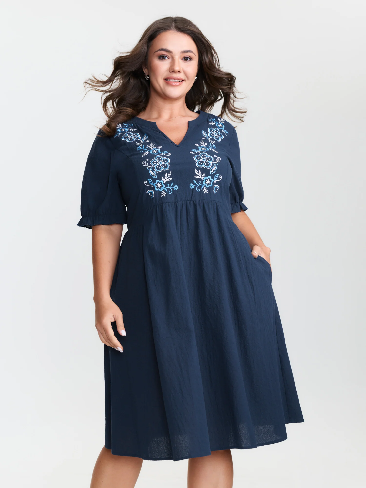 Cotton Floral Embroidery Notched Collar Mini Dress