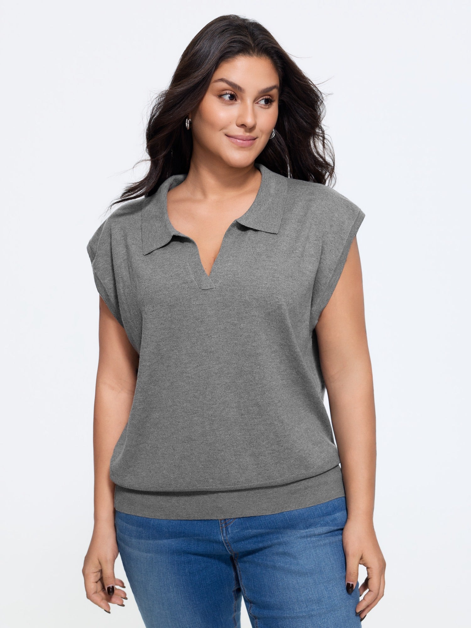 Heather Split Polo Collar Loose Sweater Vest