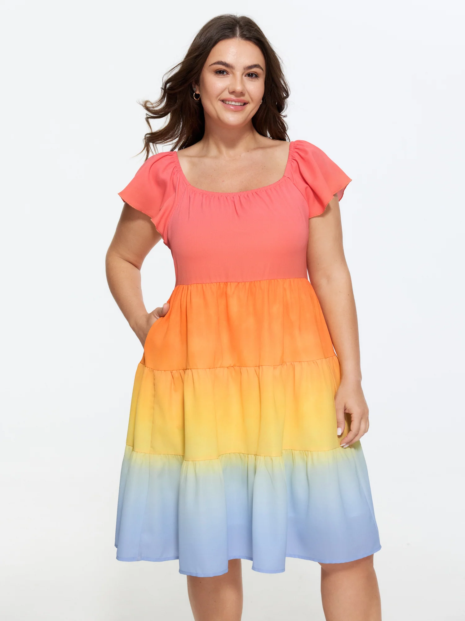 Color Contrast Tiered Pockets Midi Dress