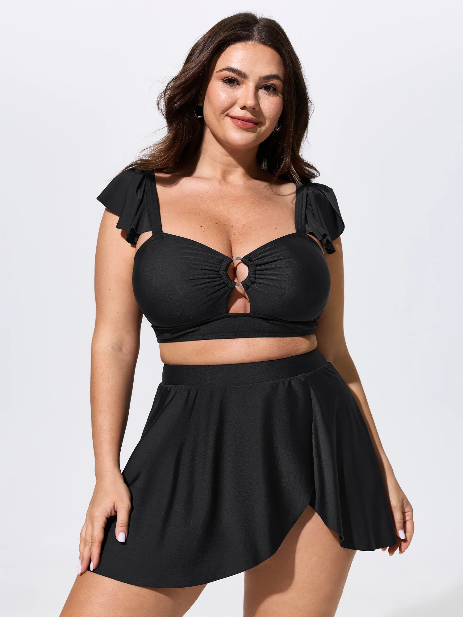 Ruffled Sleeve Ruched Cut-Out Bodice Swim Top