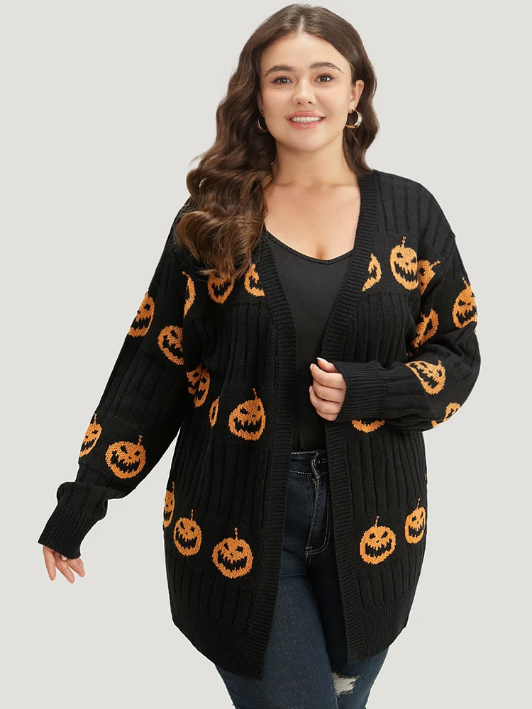 Halloween Pumpkin Graphic Open Front Cardigan