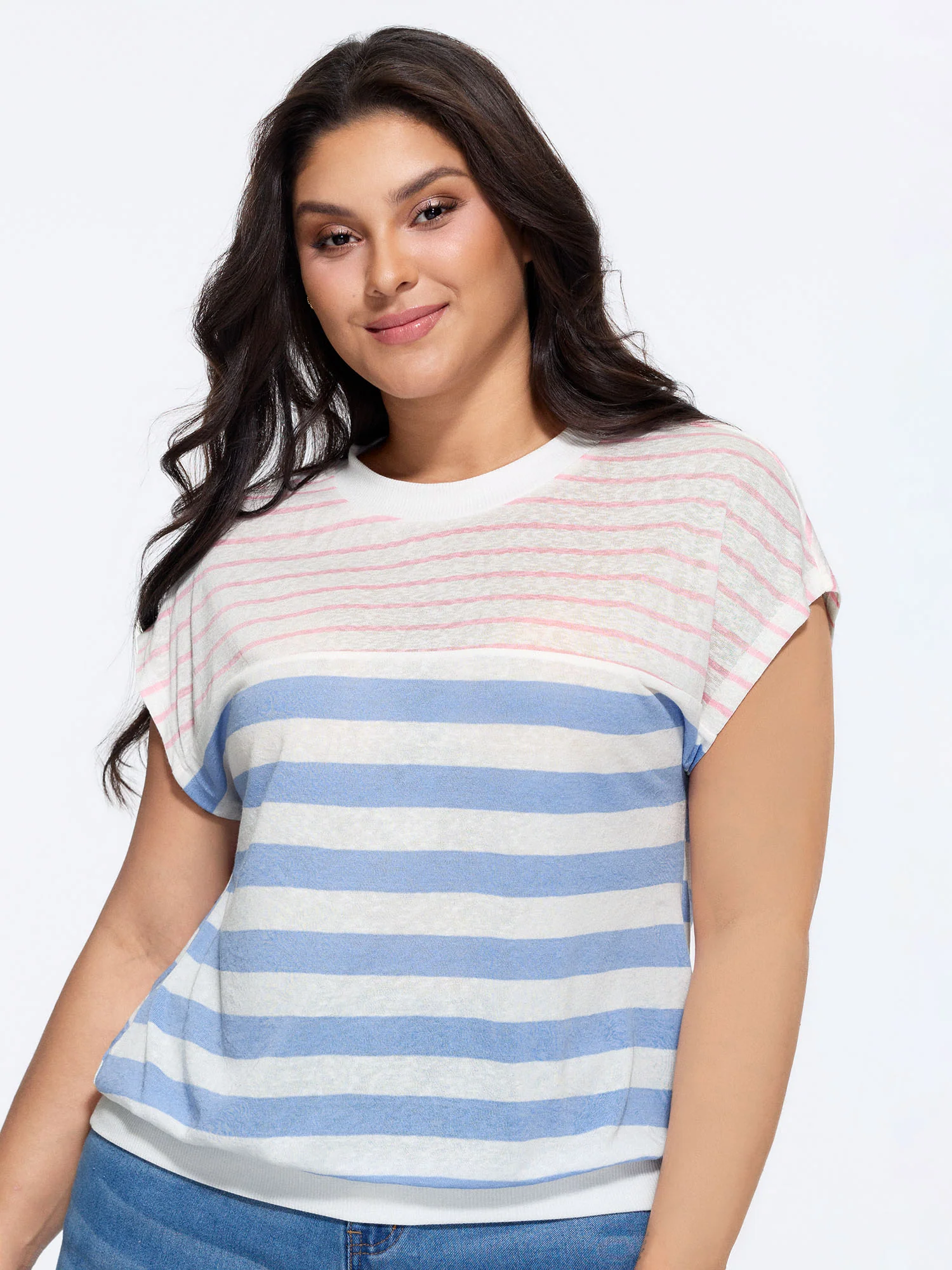 Stretchy Striped Print Mock Neck T-Shirt