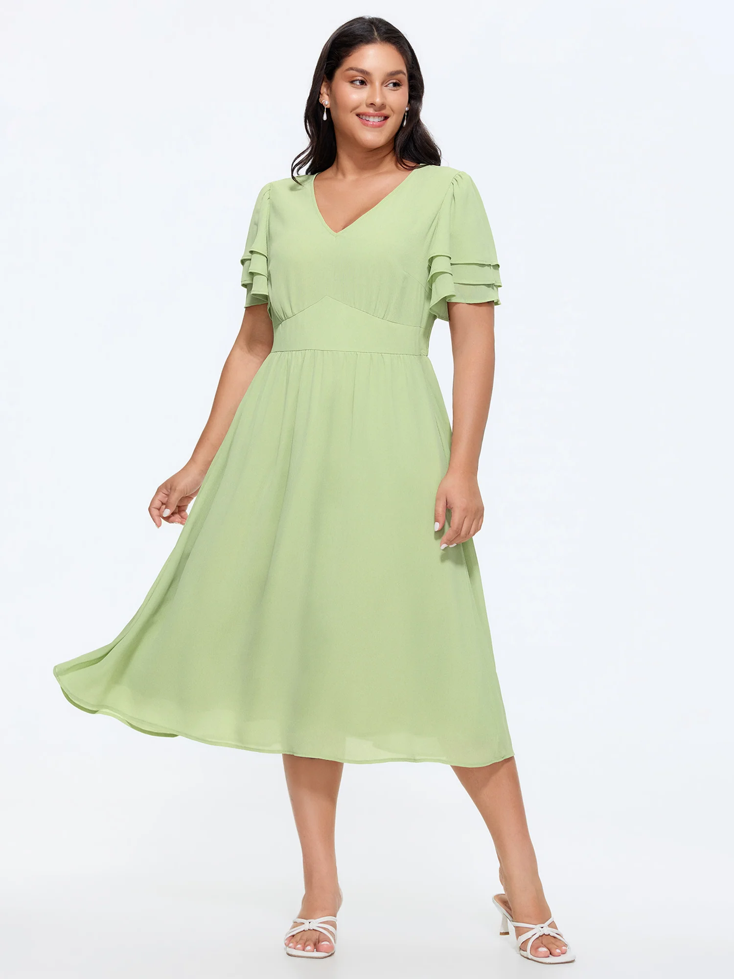 Plain Layered Sleeve Cinched-Waist Midi Dress