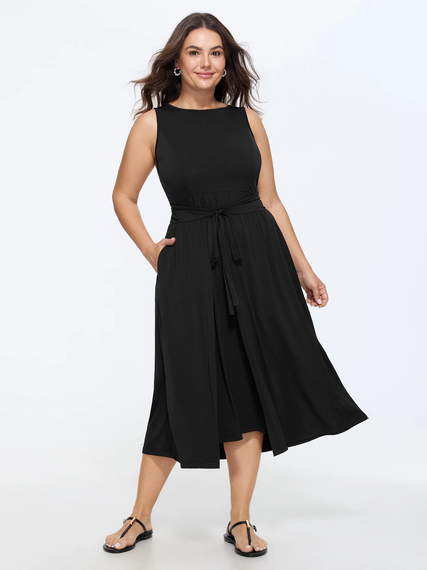 Stretchy Sleeveless Tie Waist Pocket Midi Dress