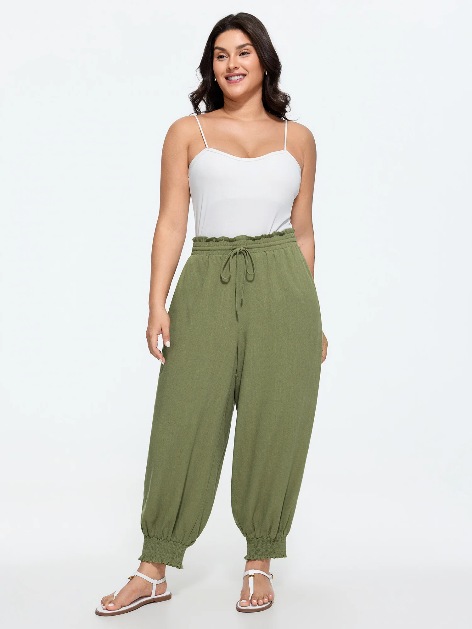 Linen Blend Shirred Drawstring Waist Jogger Pants