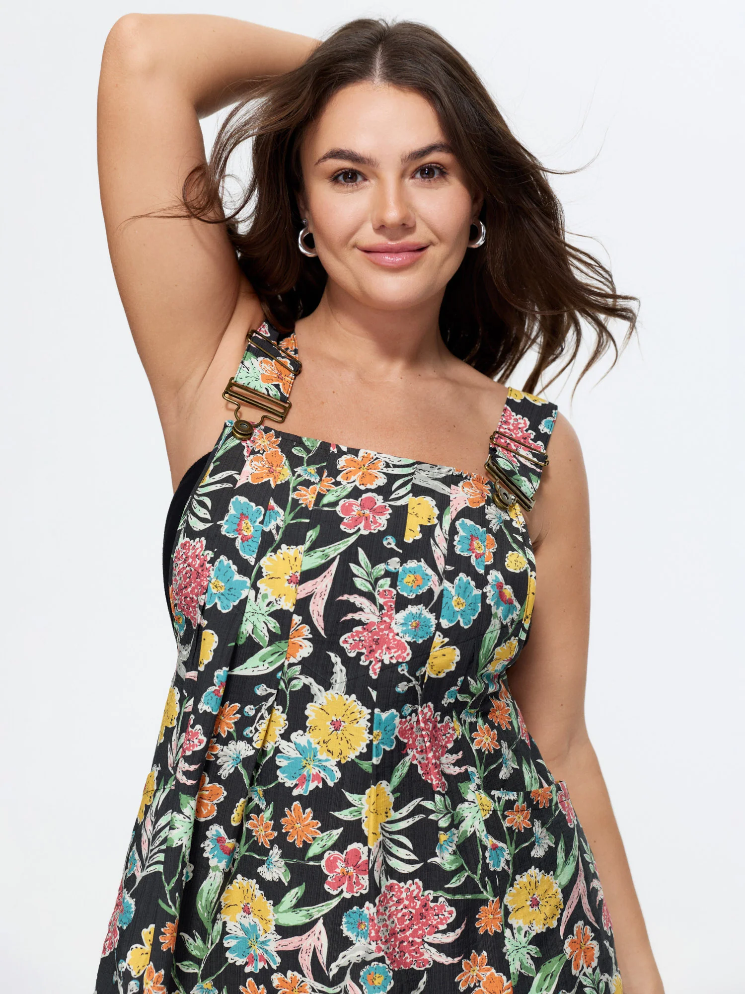 Floral Print Pockets Overall Mini Dress