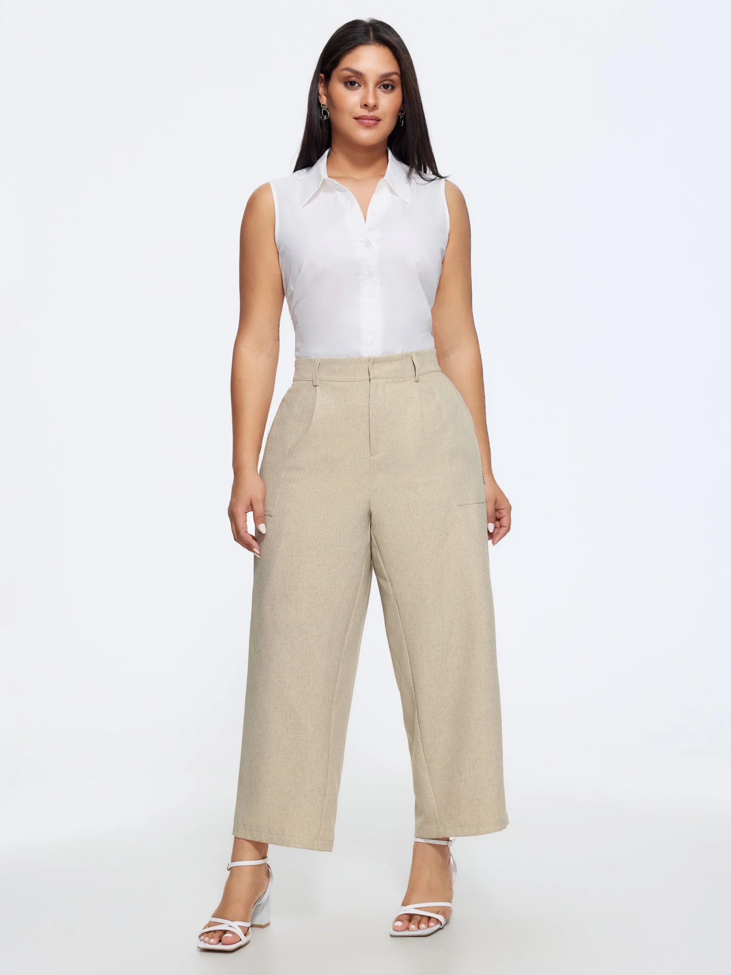 Textured Linen Blend Pocket Cropped Pants
