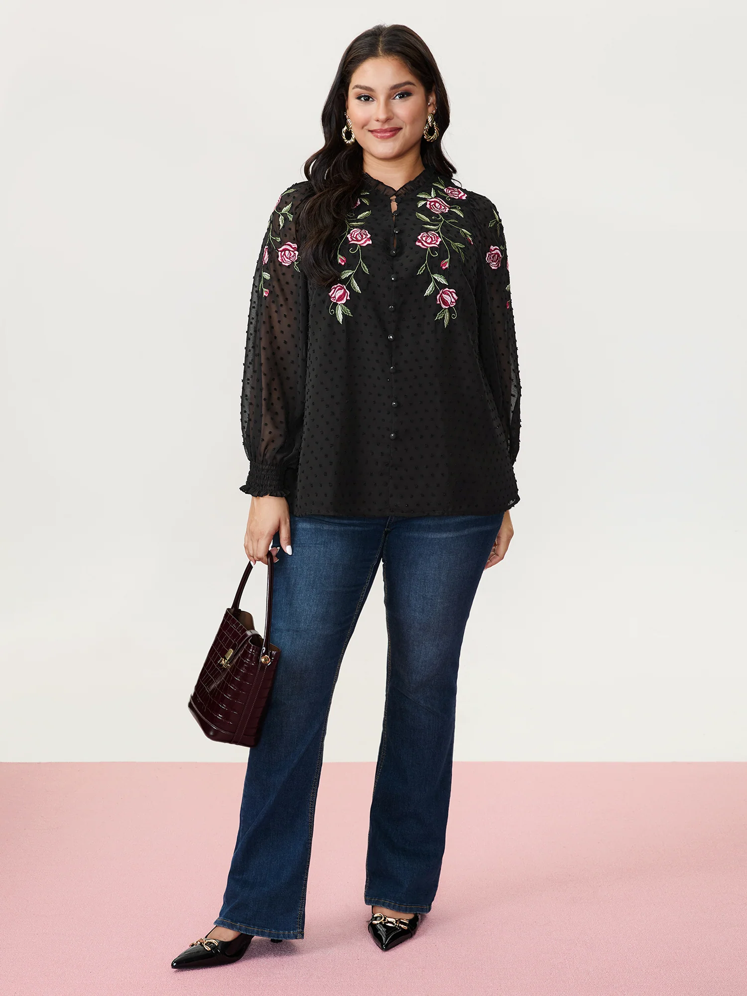 Rose Embroidered Textured Sheer Blouse