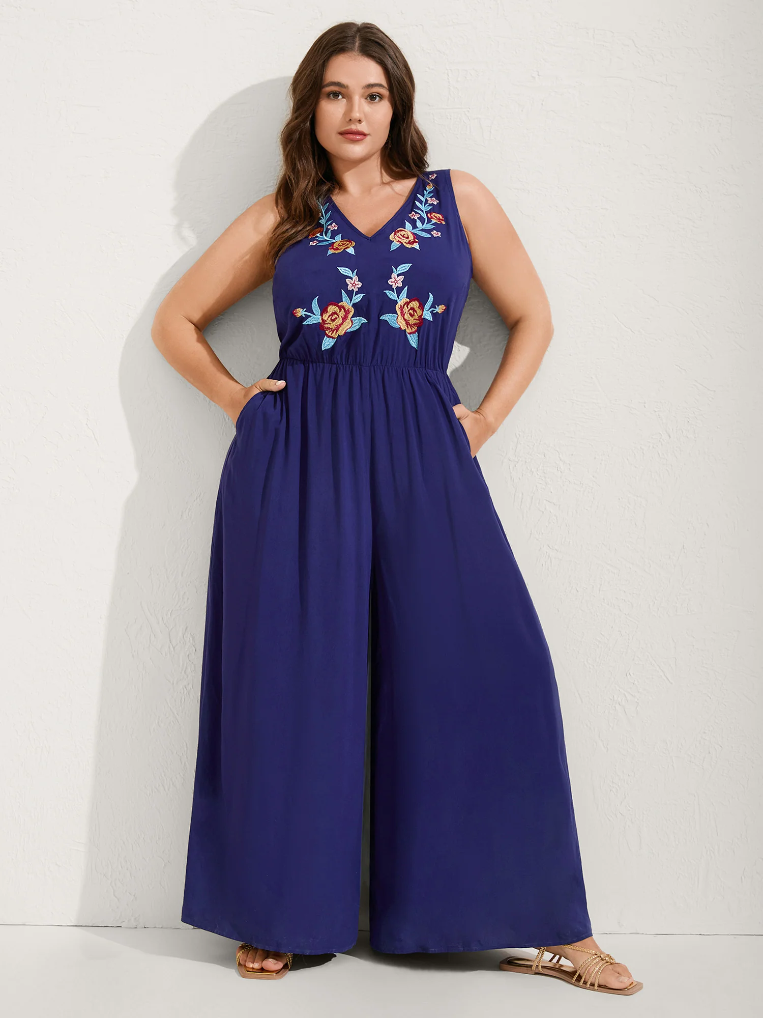 Rayon Floral Embroidery Stretchy Waist Jumpsuit